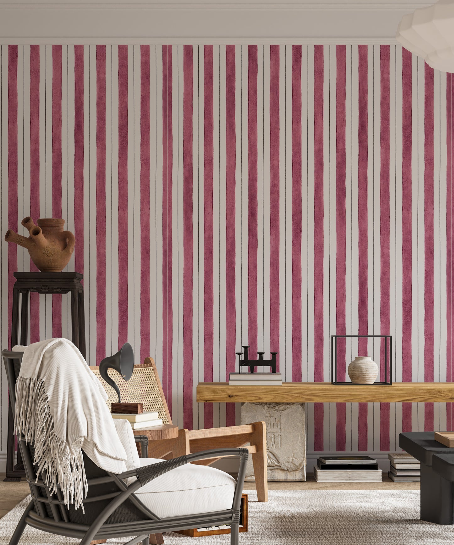 Pink and White Color Vertical Striped Wallpaper