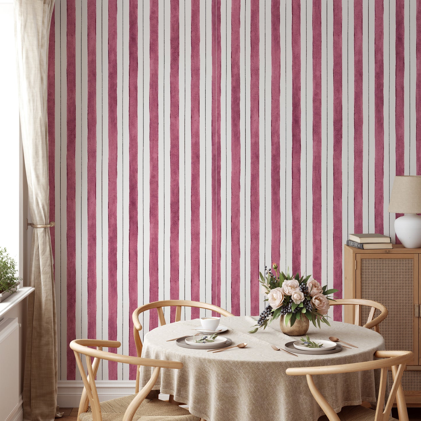 Pink and White Color Vertical Striped Wallpaper