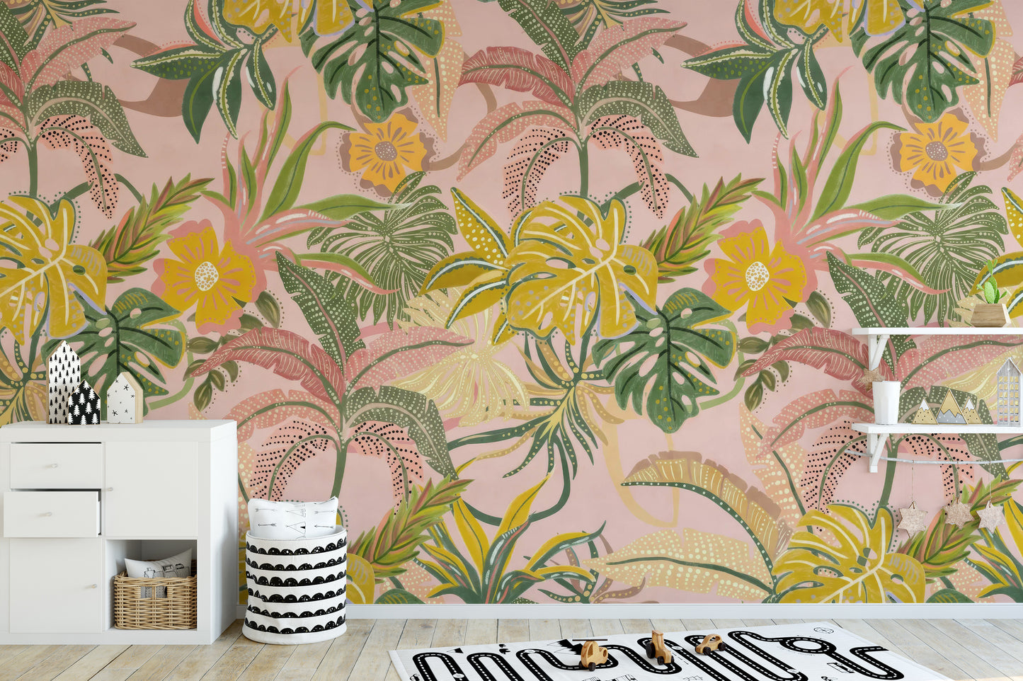 Bold and colorful tropical leaf wallpaper for lively spaces
