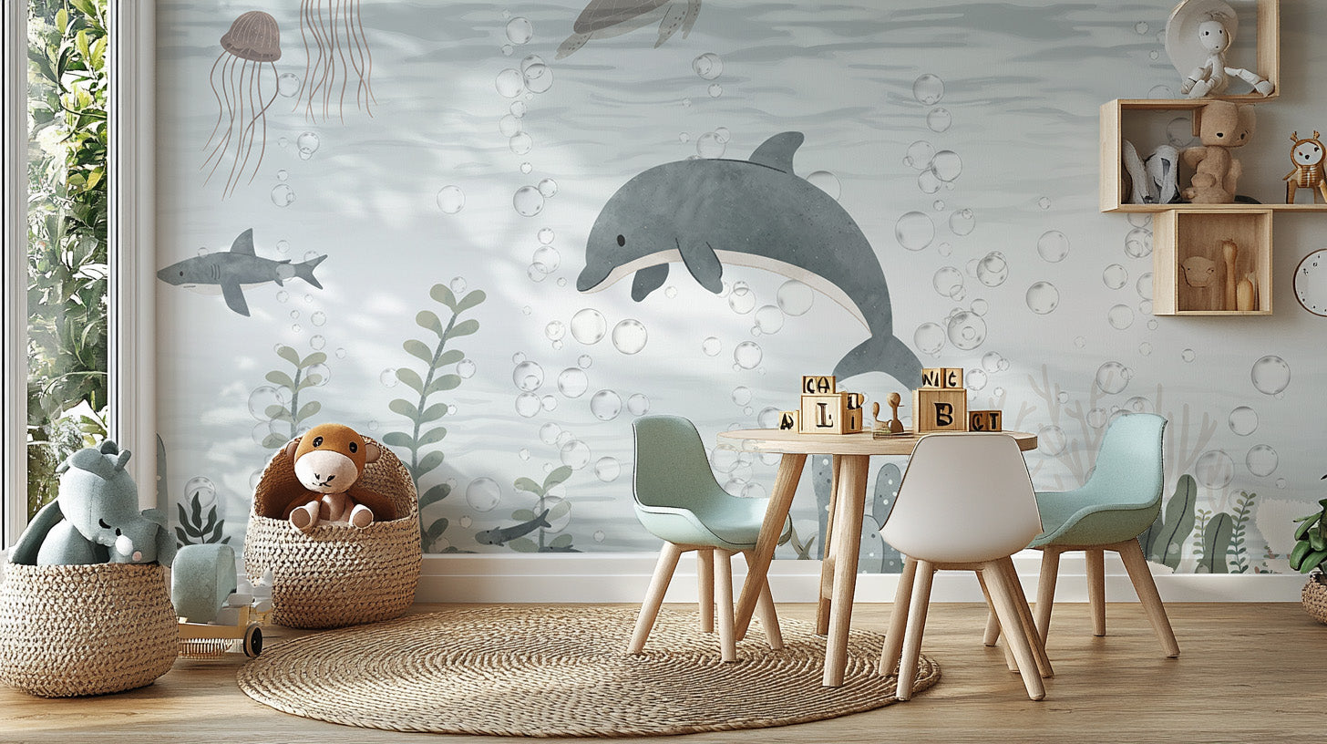 Playful dolphins wallpaper mural for refreshing interiors