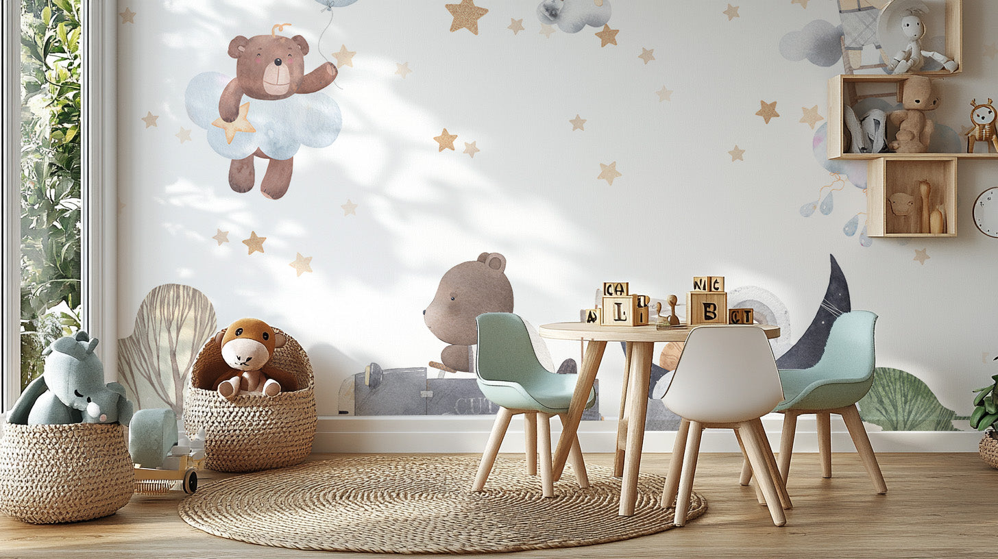 Charming cloud bears wall mural for playful decor