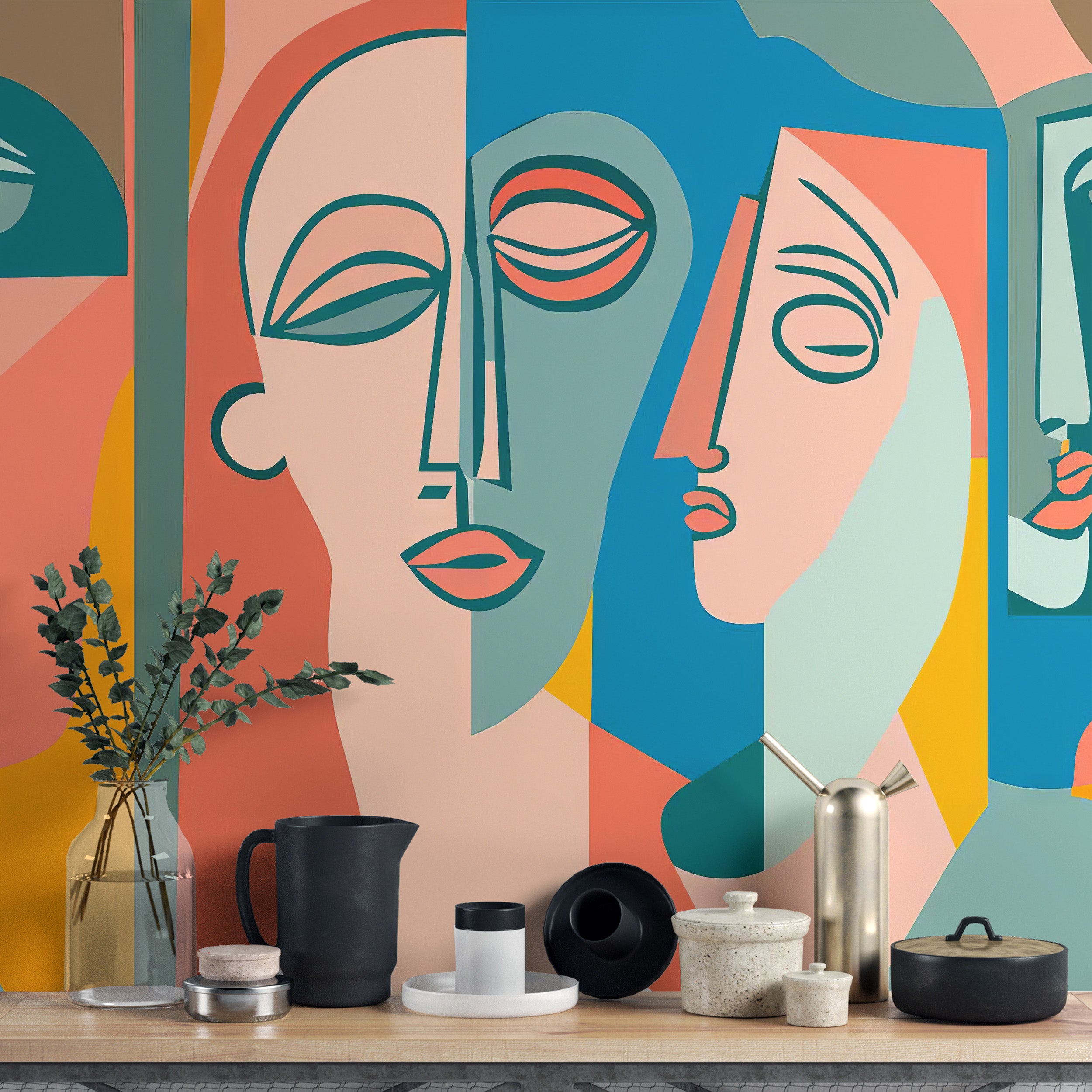 Artistic wall mural with colorful and modern face patterns
