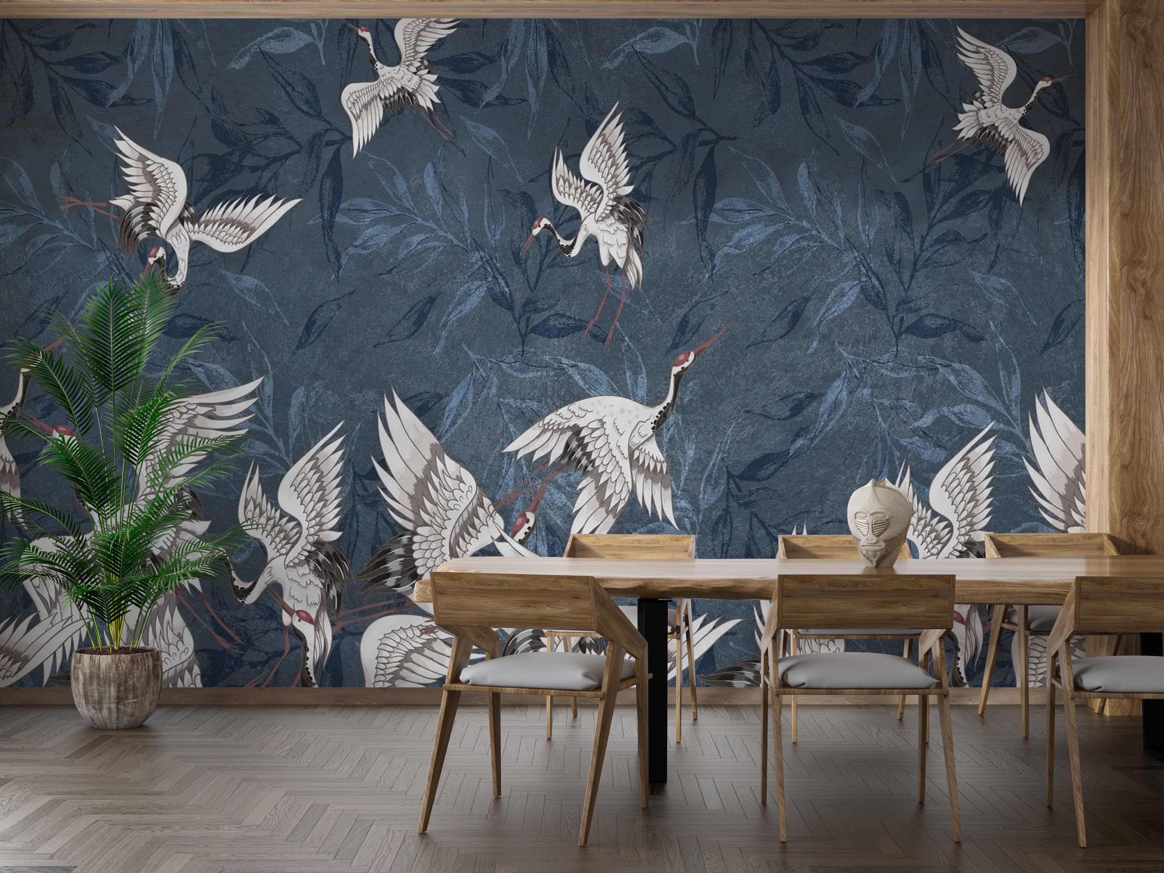 Tranquil blue crane and grunge leaves wallpaper for homes
