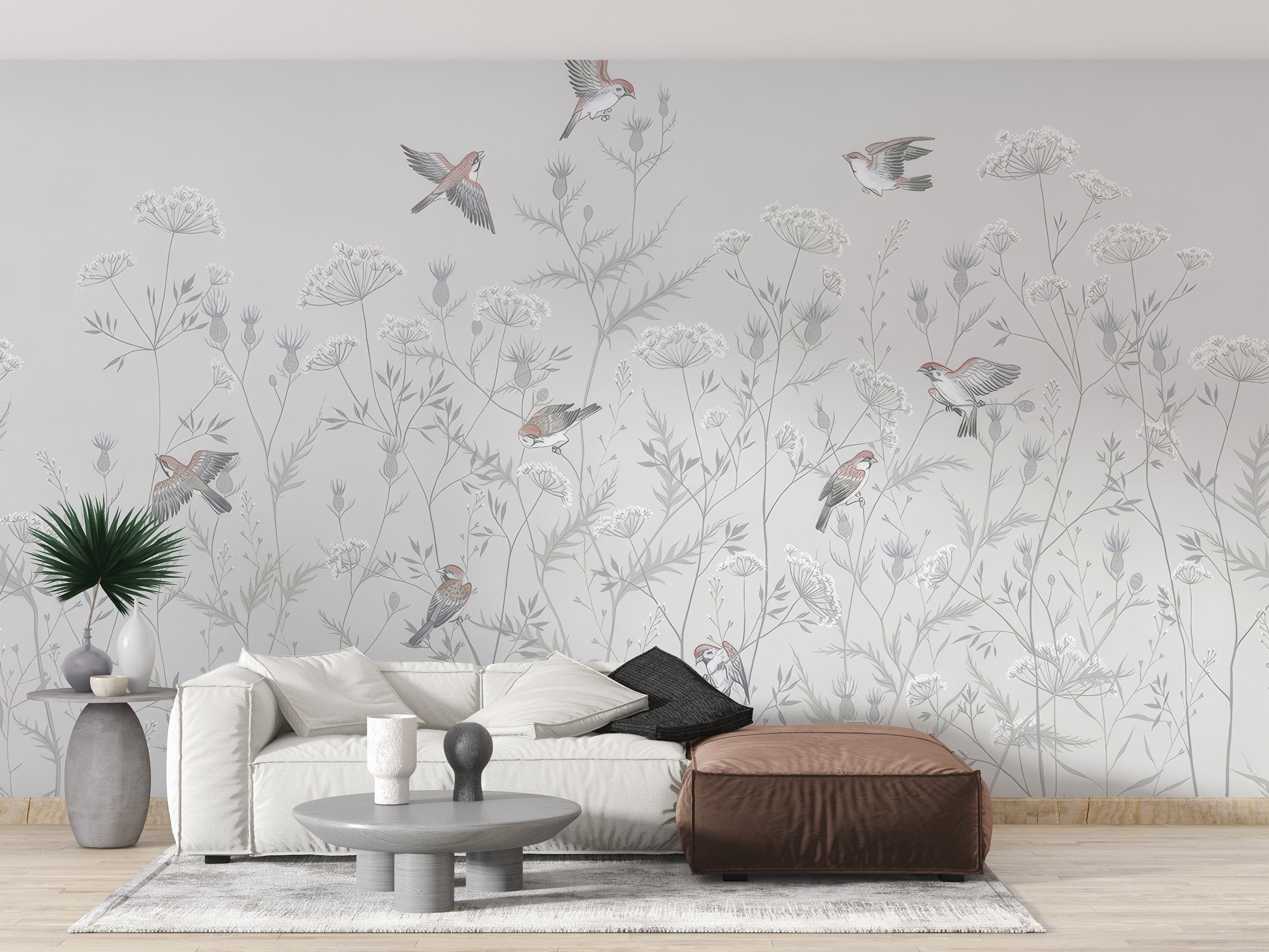 Nature-inspired whispering birds floral mural for interiors