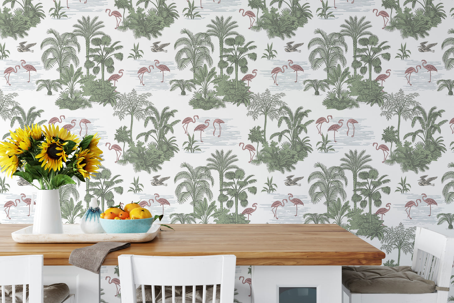 Tropical Palm Trees Flamingo Jungle Toile Wallpaper