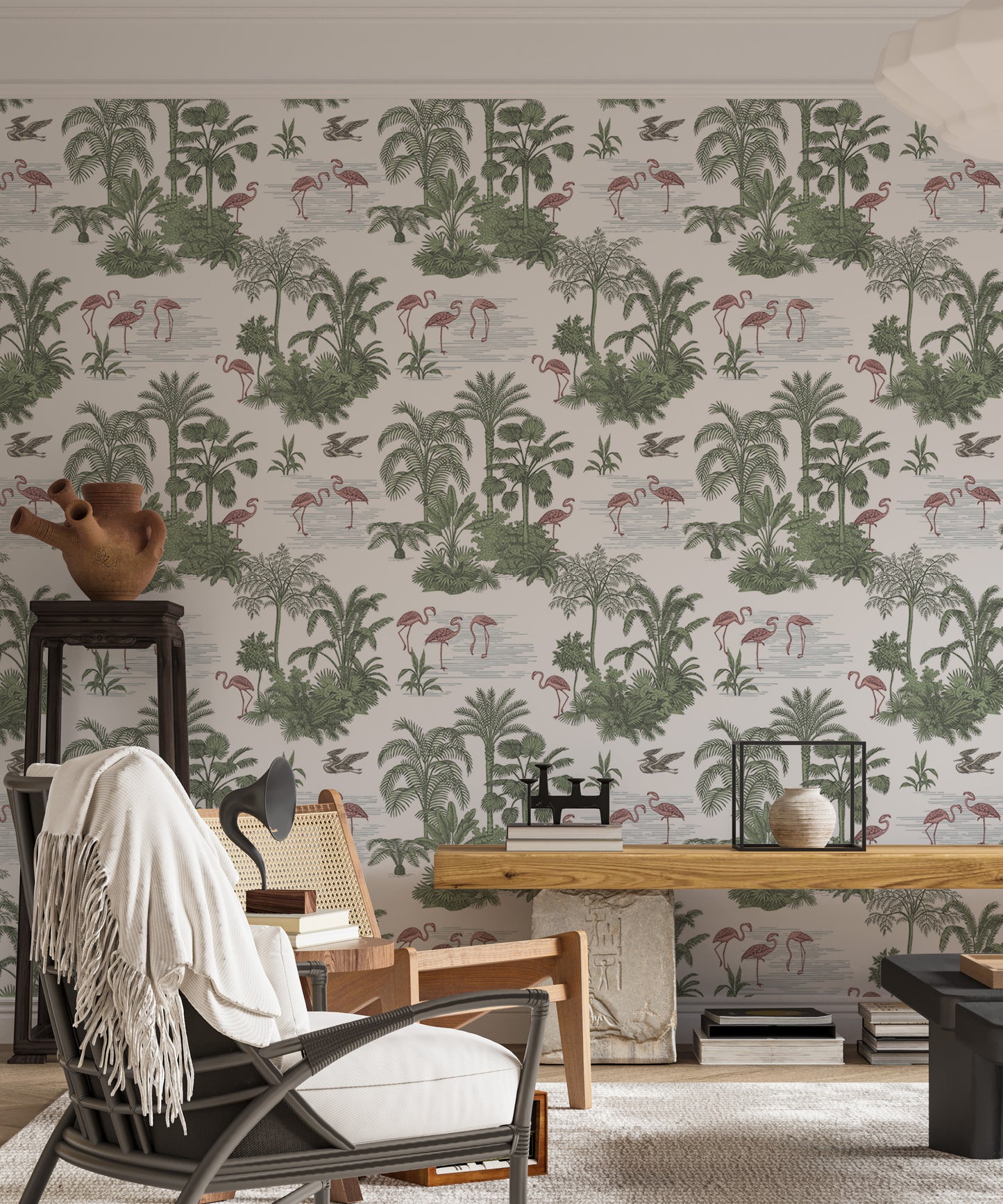 Tropical Palm Trees Flamingo Jungle Toile Wallpaper