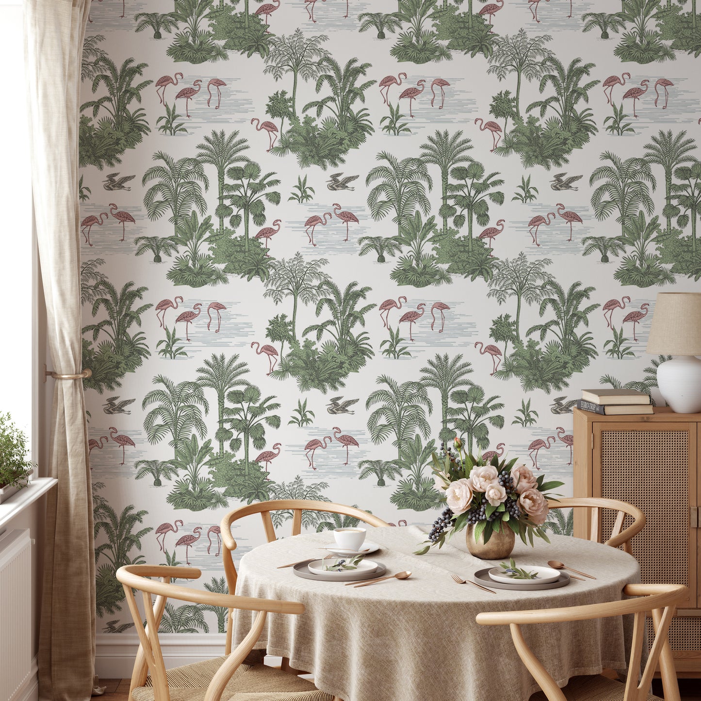 Tropical Palm Trees Flamingo Jungle Toile Wallpaper