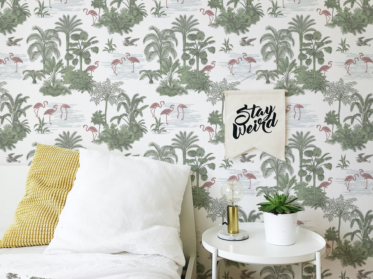 Tropical Palm Trees Flamingo Jungle Toile Wallpaper