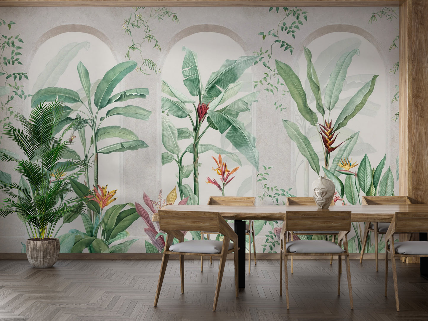 Natural green banana leaf wallpaper for serene interiors
