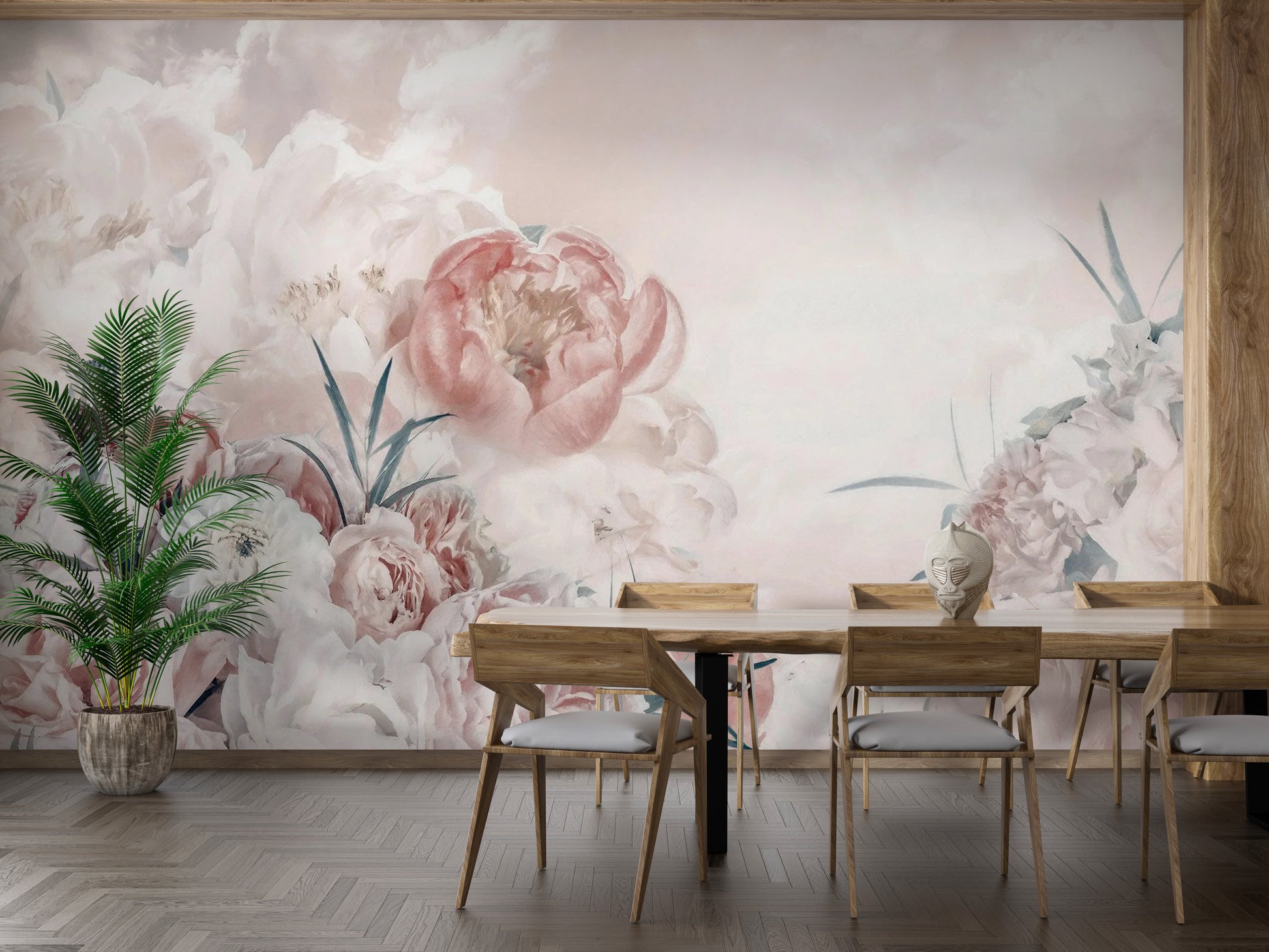 Dreamy pink white floral mural for tranquil spaces



