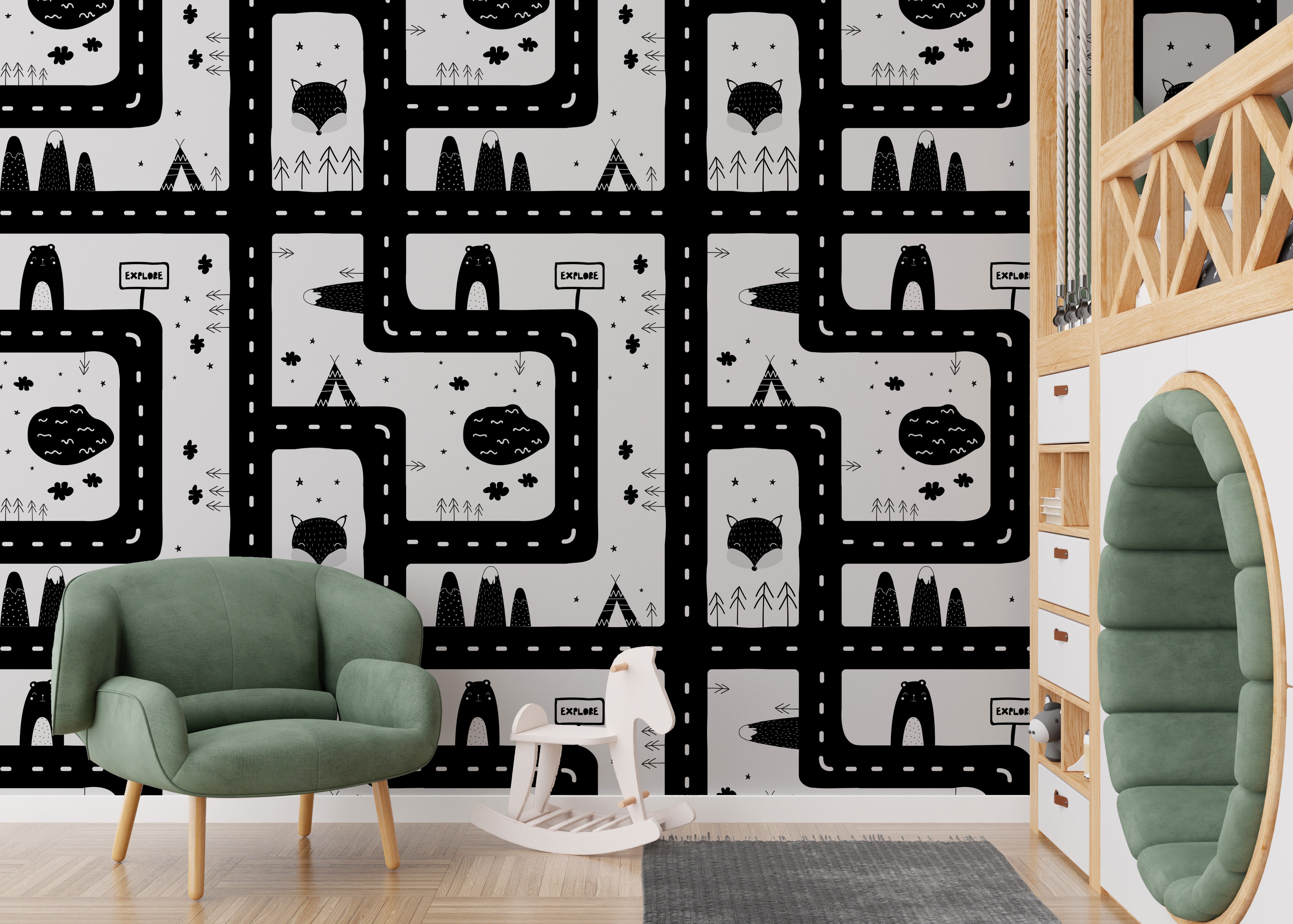 Unique city-inspired mural wallpaper design
