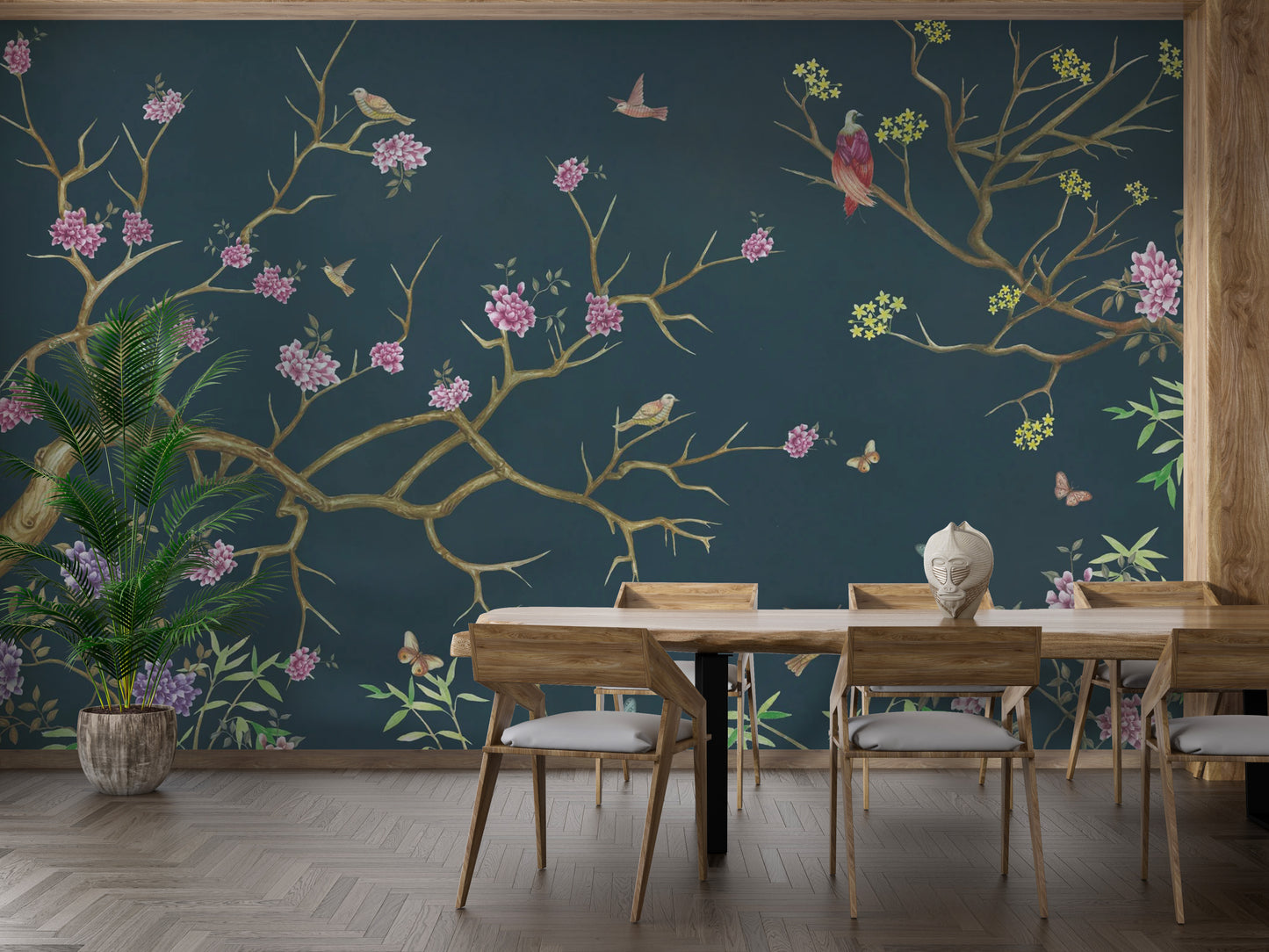 Luxurious dark blue chinoiserie mural for refined spaces
