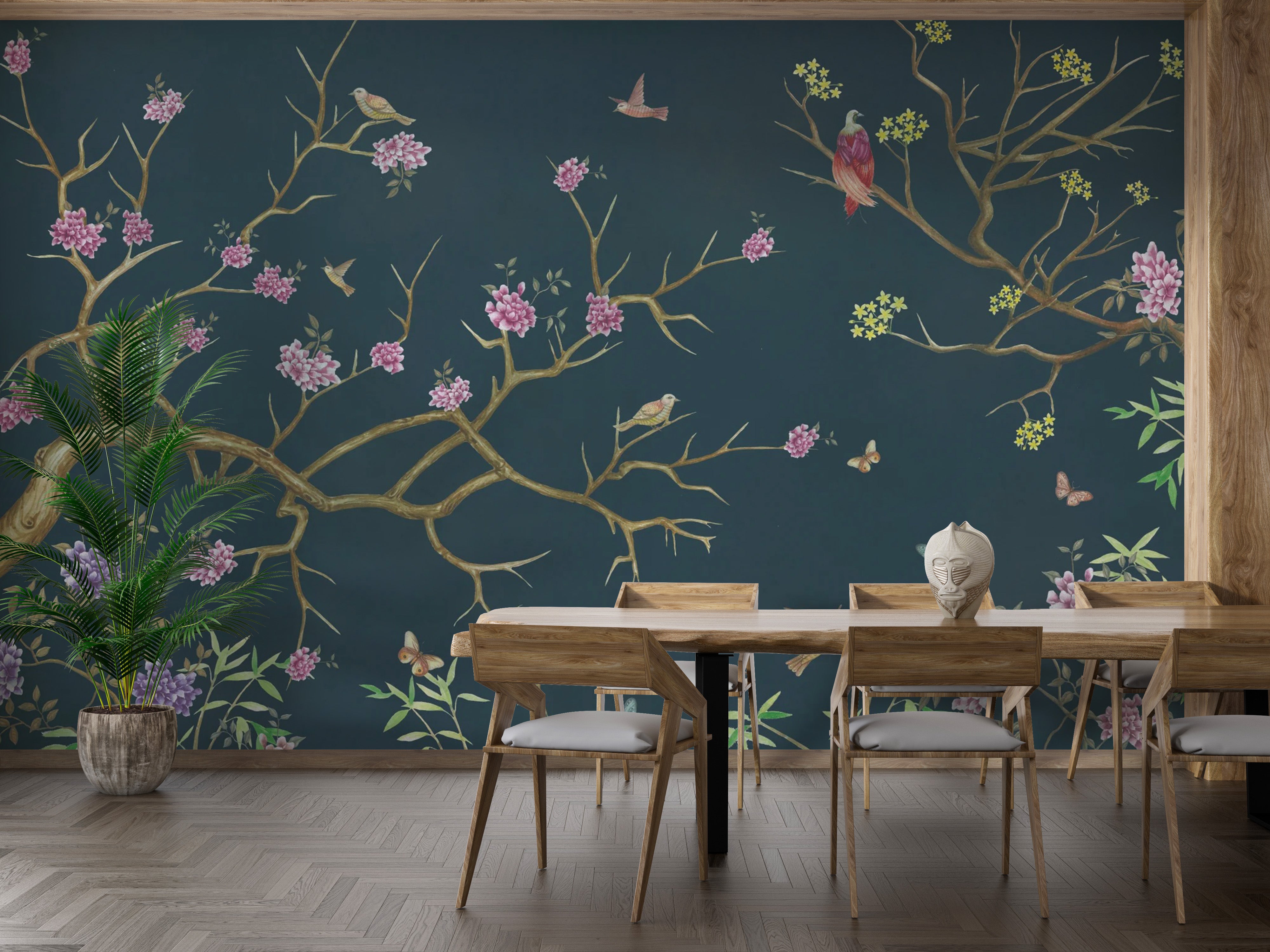 Luxurious dark blue chinoiserie mural for refined spaces
