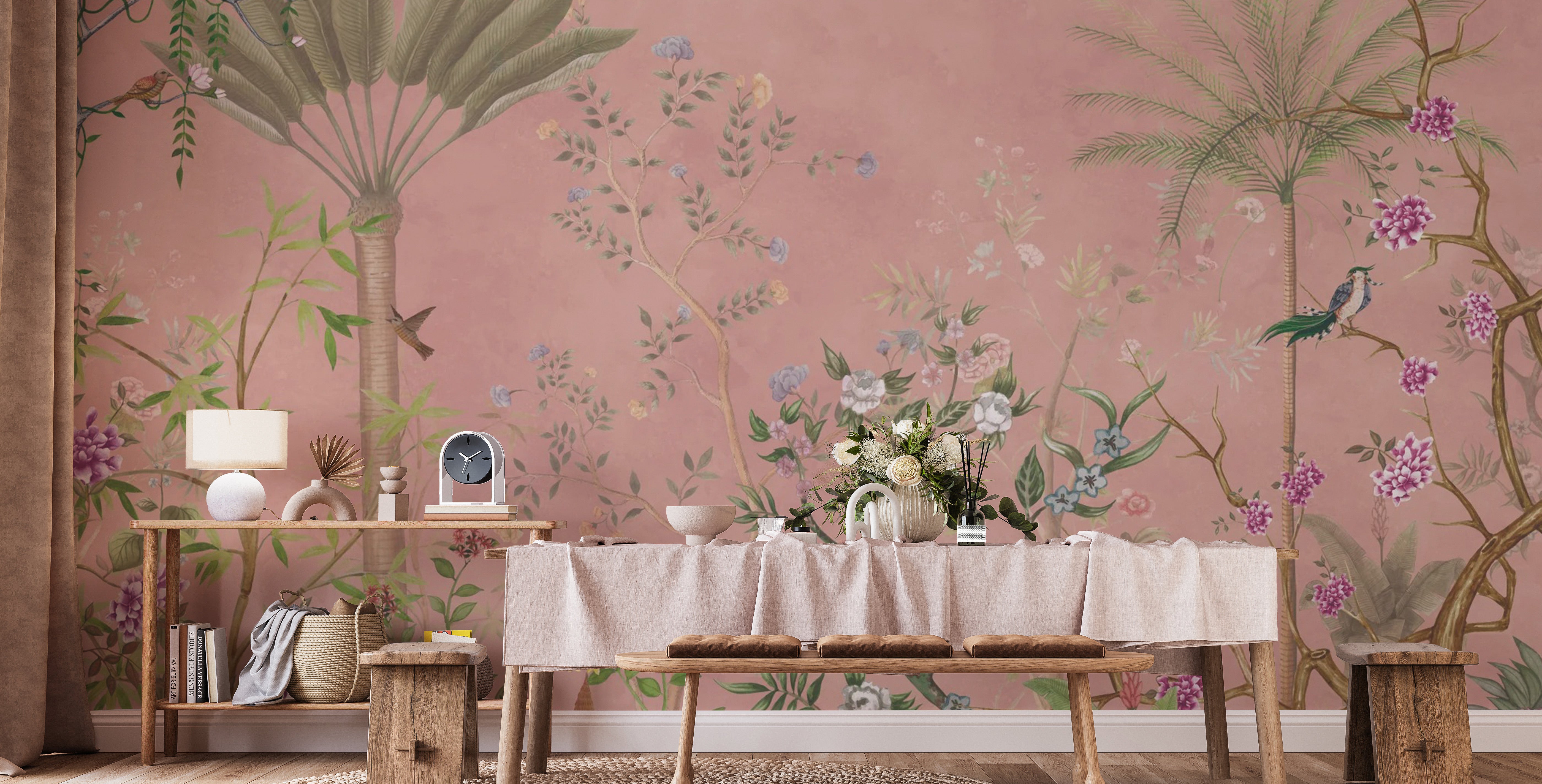 Chic pink chinoiserie wallpaper with tropical patterns
