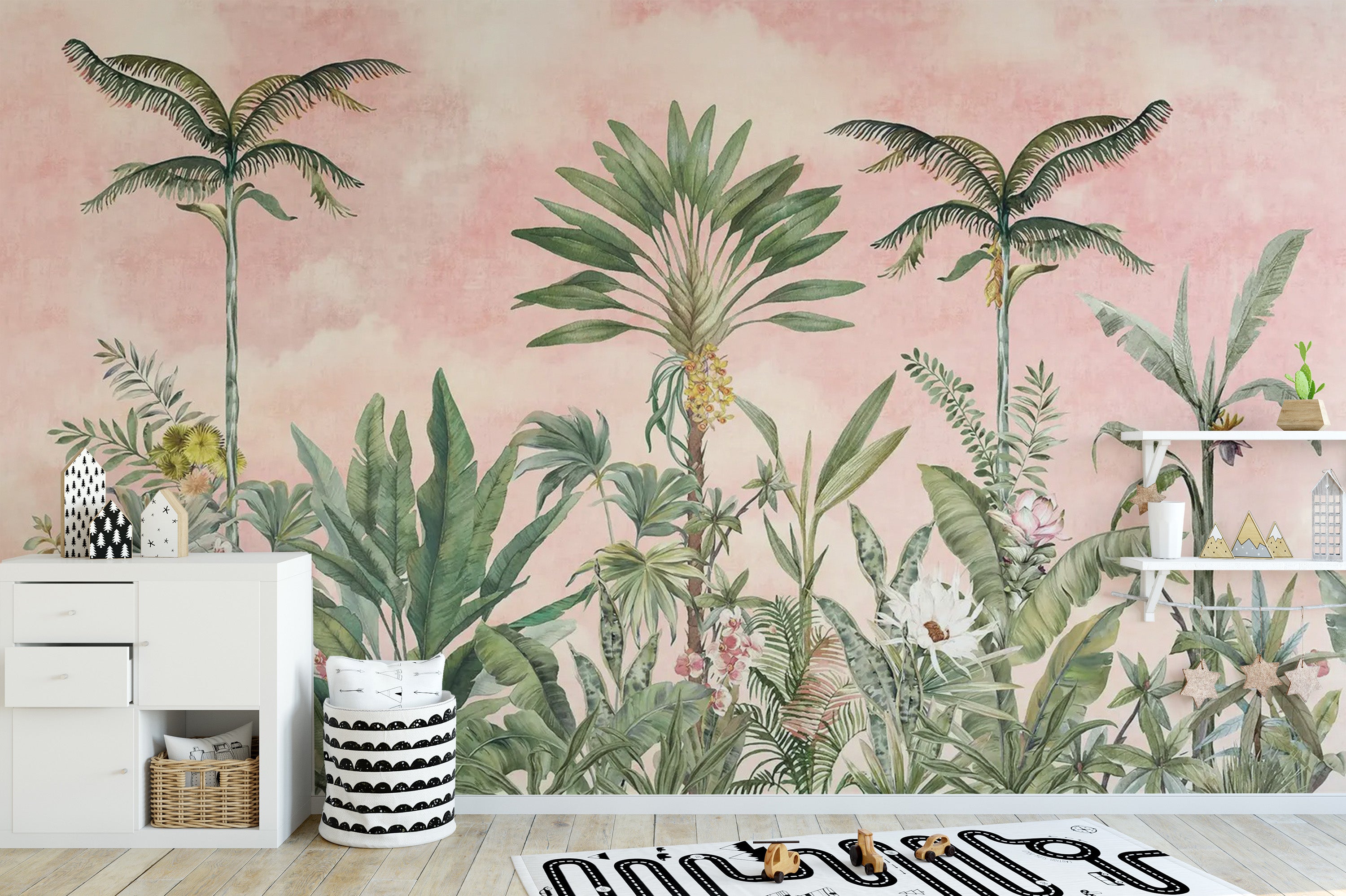 Elegant pink tropical wallpaper for serene spaces
