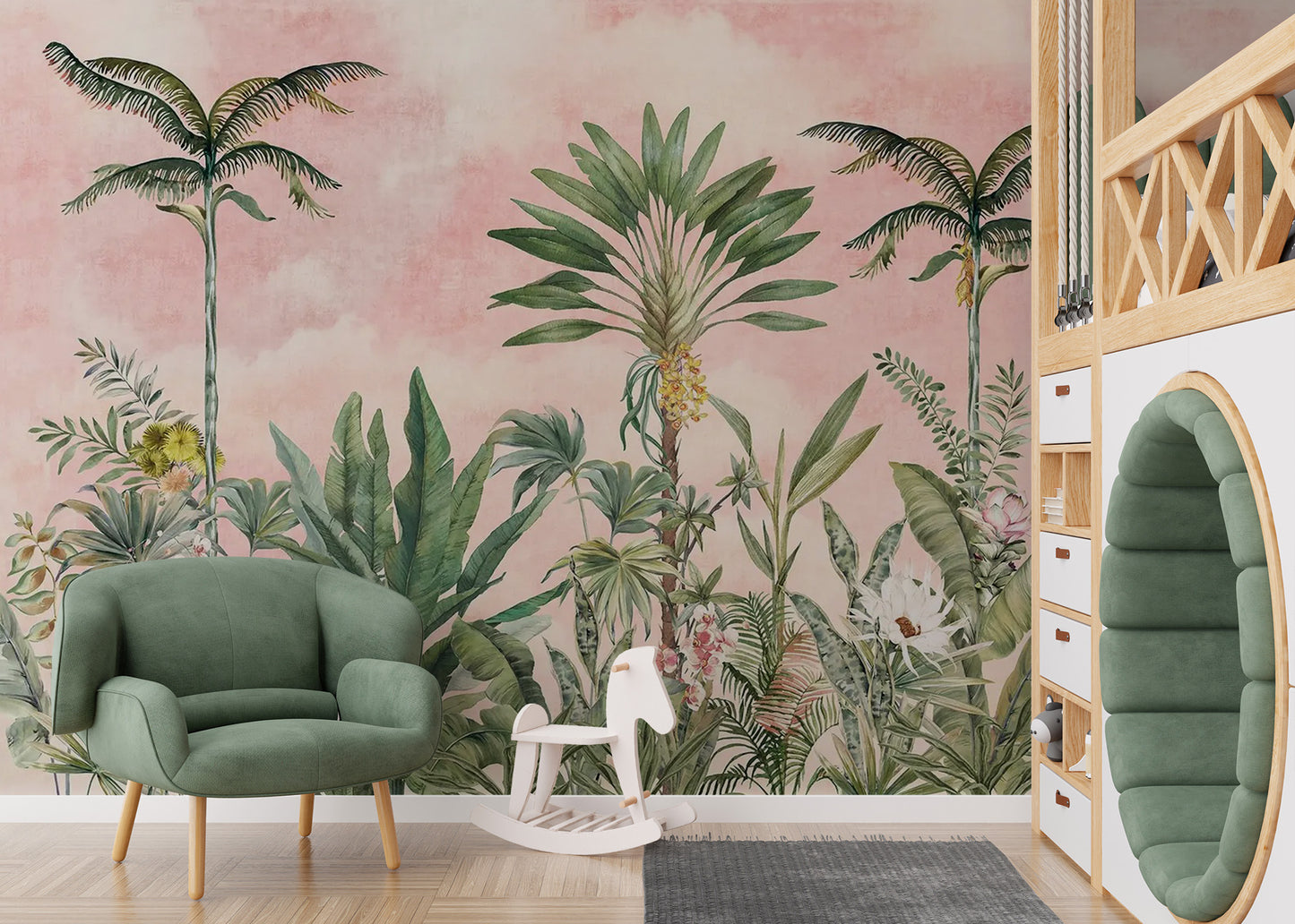 Artistic tropical mural in pink tones for stylish walls
