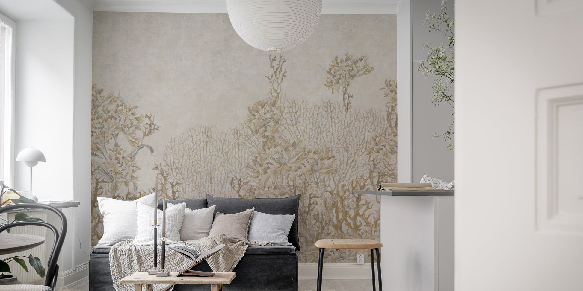 Monochrome Sepia Flower Wallpaper Mural for Interiors