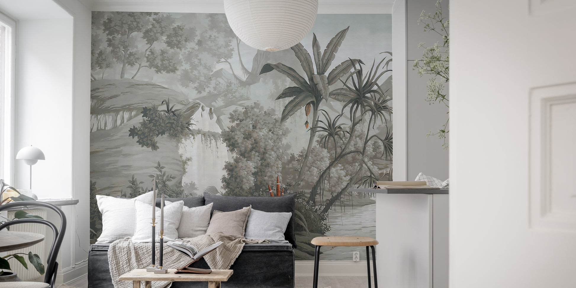 Elegant monotone forest mural for calm decor
