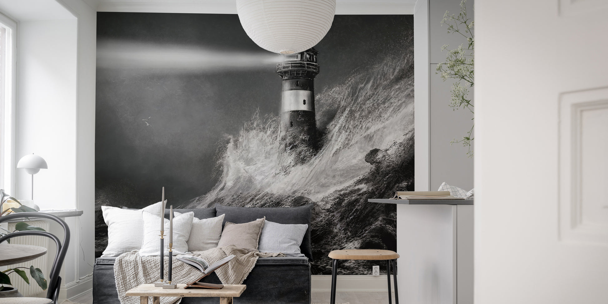 Lighthouse wall mural with night scenery
