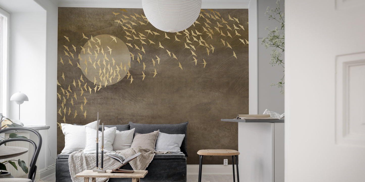 Elegant flying birds mural in brown and gold
