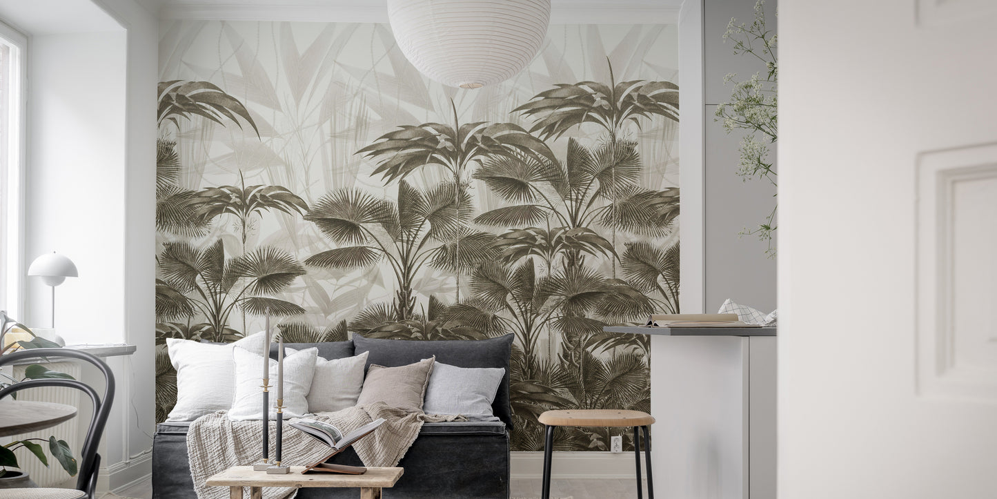 Vibrant green palm leaves wallpaper mural.
