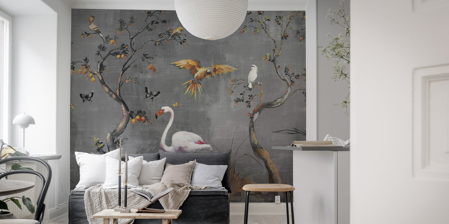 Flamingo and toucan in watercolor wallpaper.
