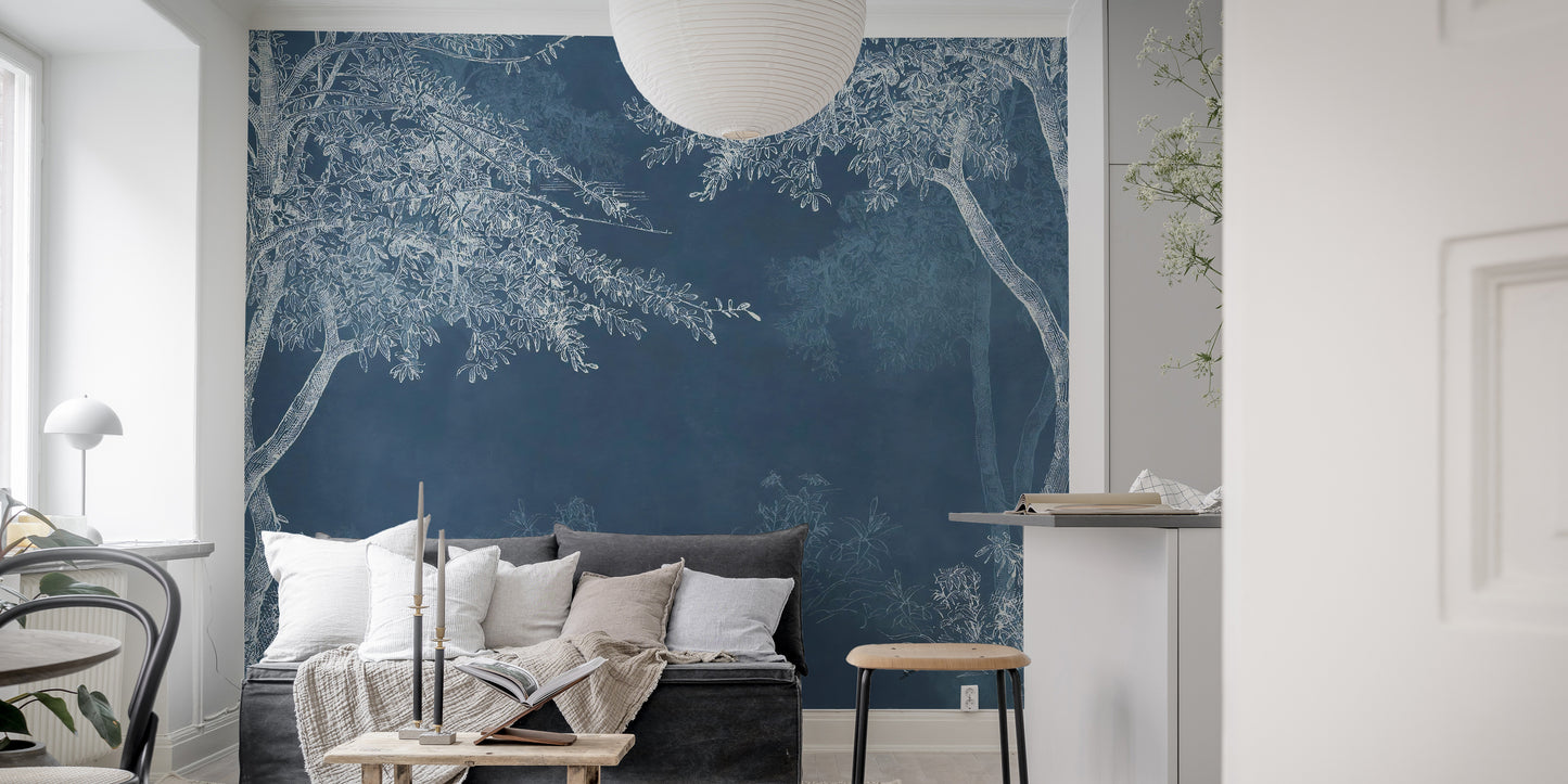 Serene indigo-toned wilderness wall mural.
