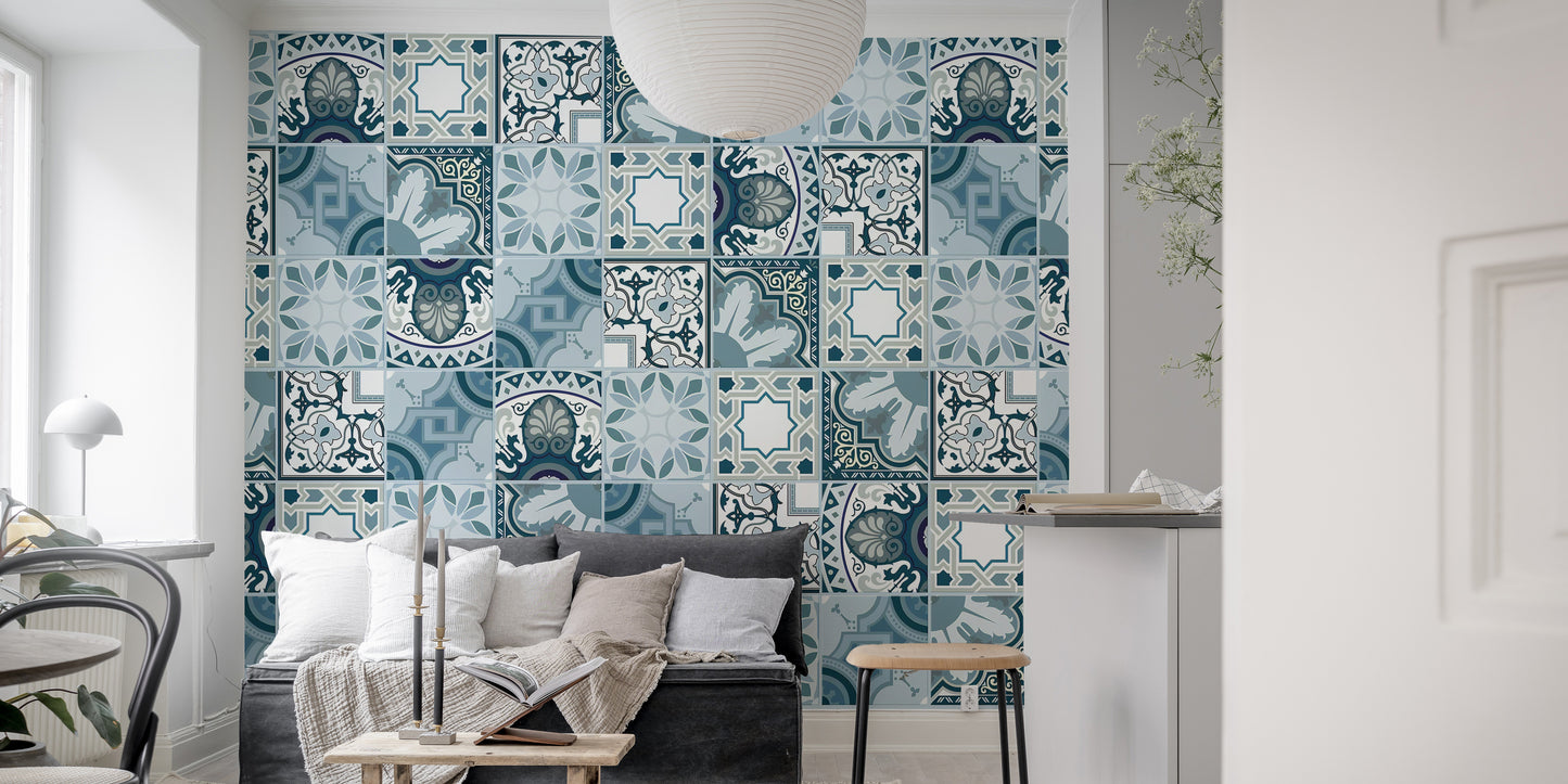 Elegant blue mosaic tile wall design.
