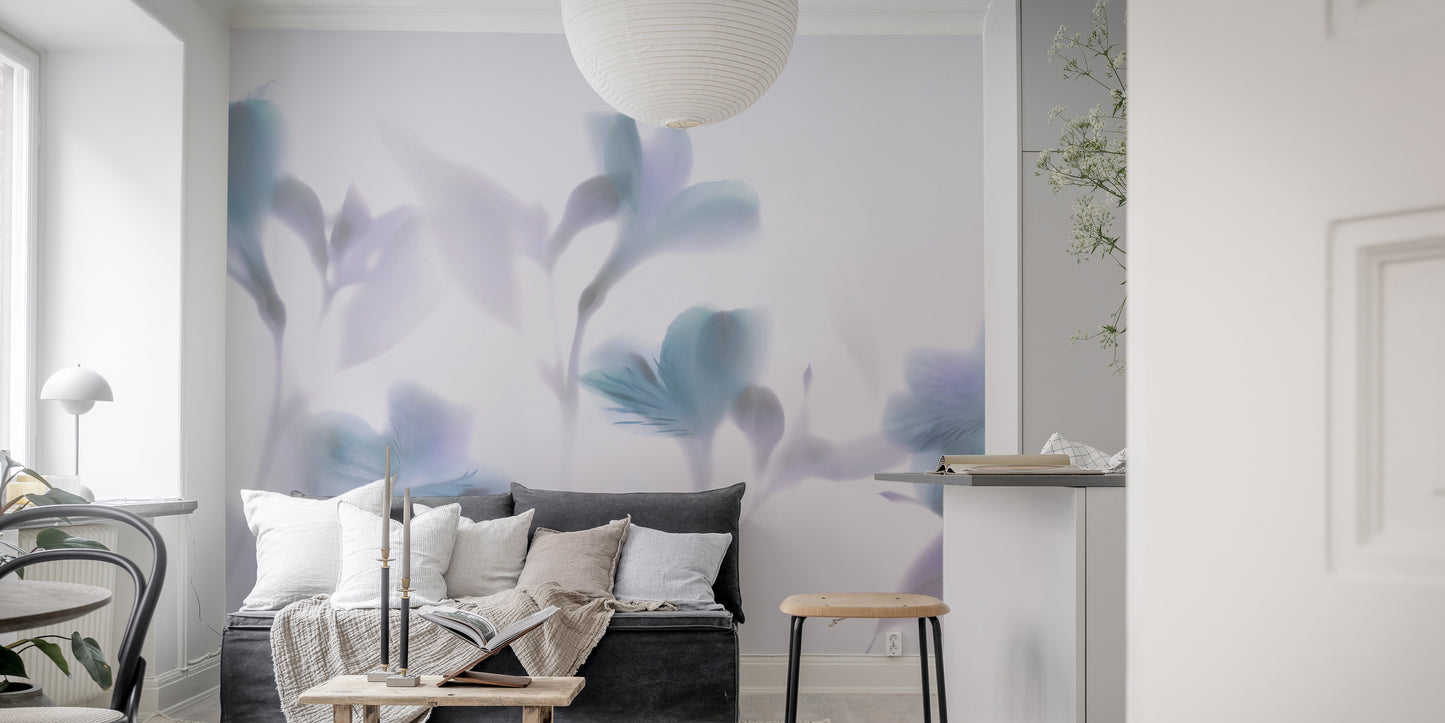 Serene misty orchids wall mural in blue tones.
