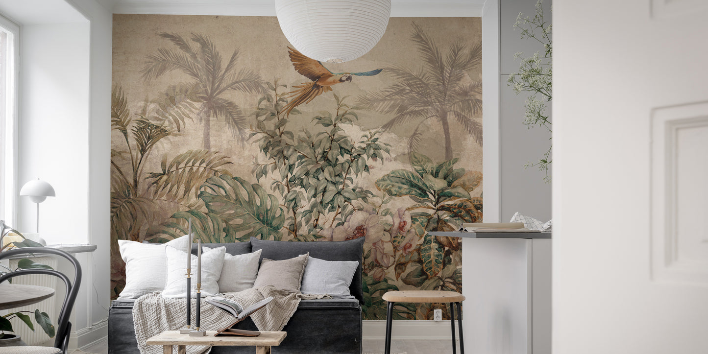 Vintage-inspired tropical mural with foliage.
