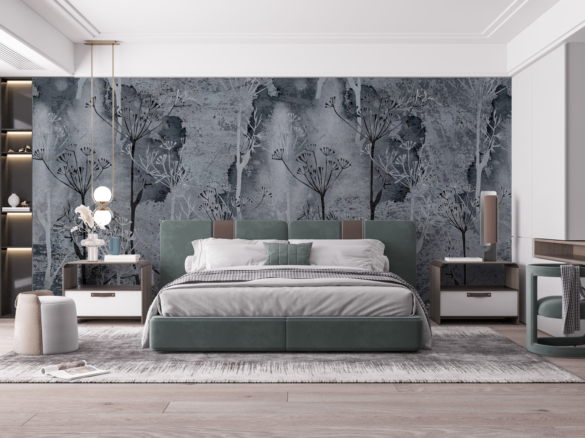 Forest tree mural in gray tones
