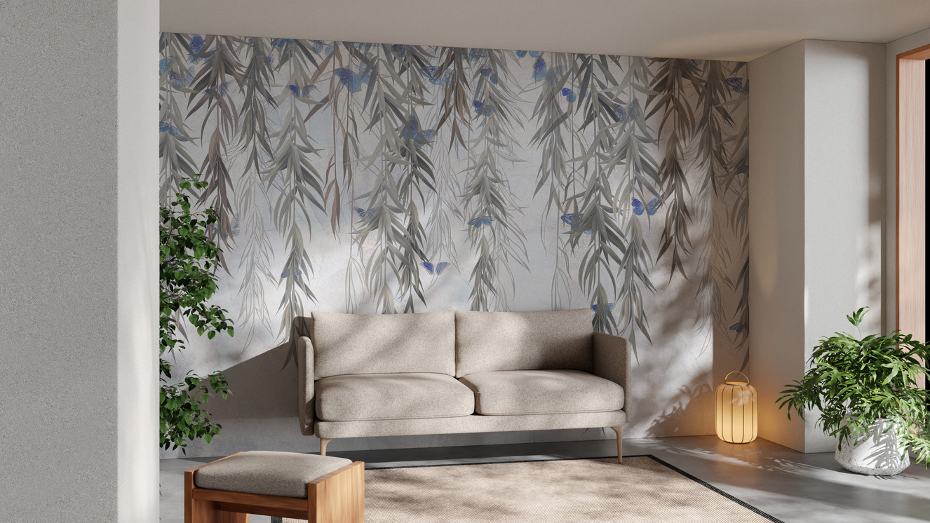 Hanging Willows on Grey Wallpaper Mural