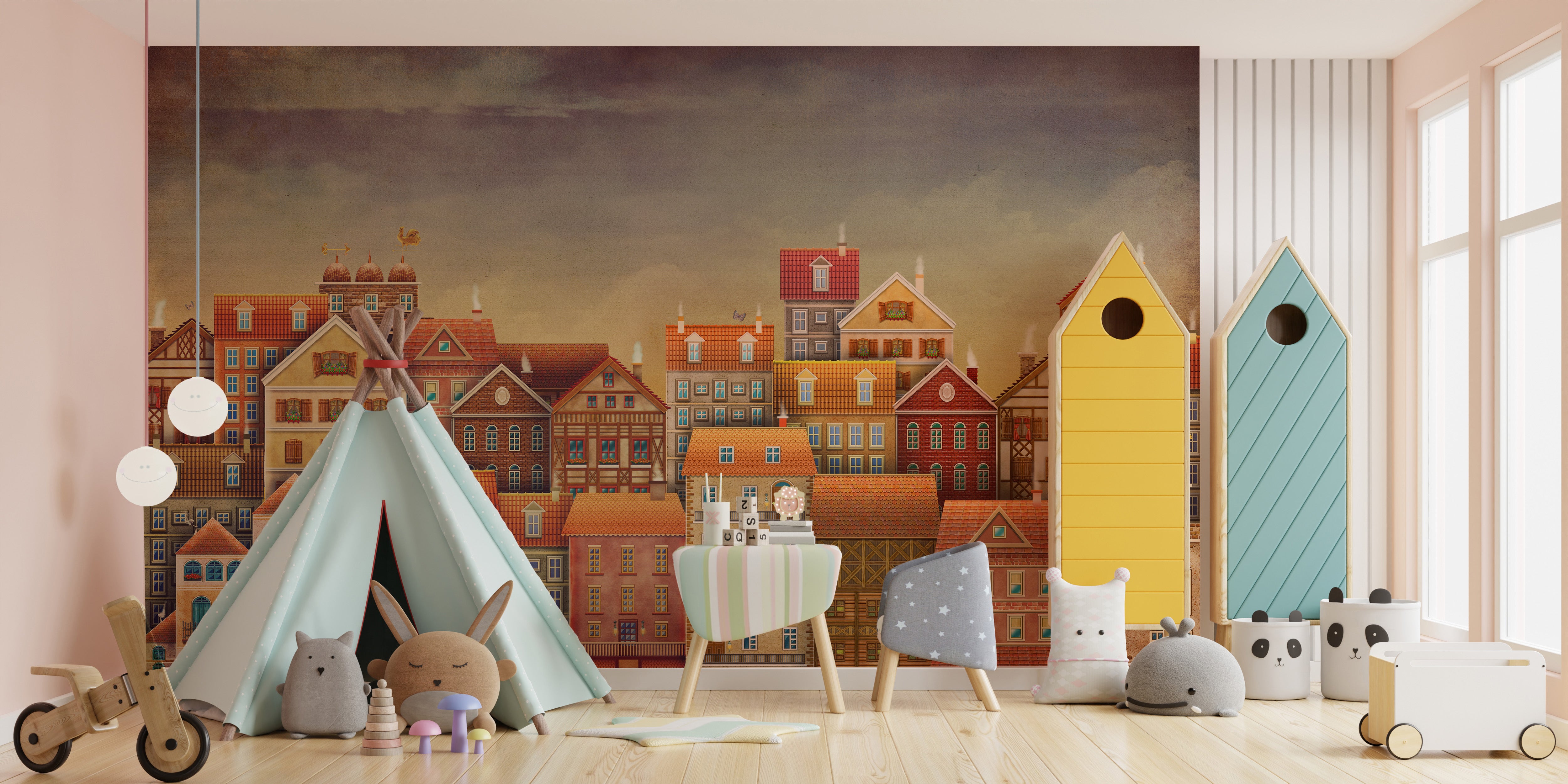 Quirky town wallpaper design
