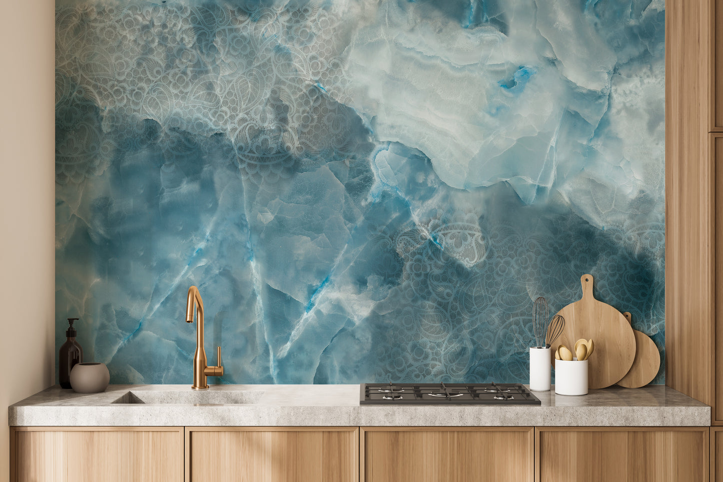 Artistic cracked stone mural in aqua tones