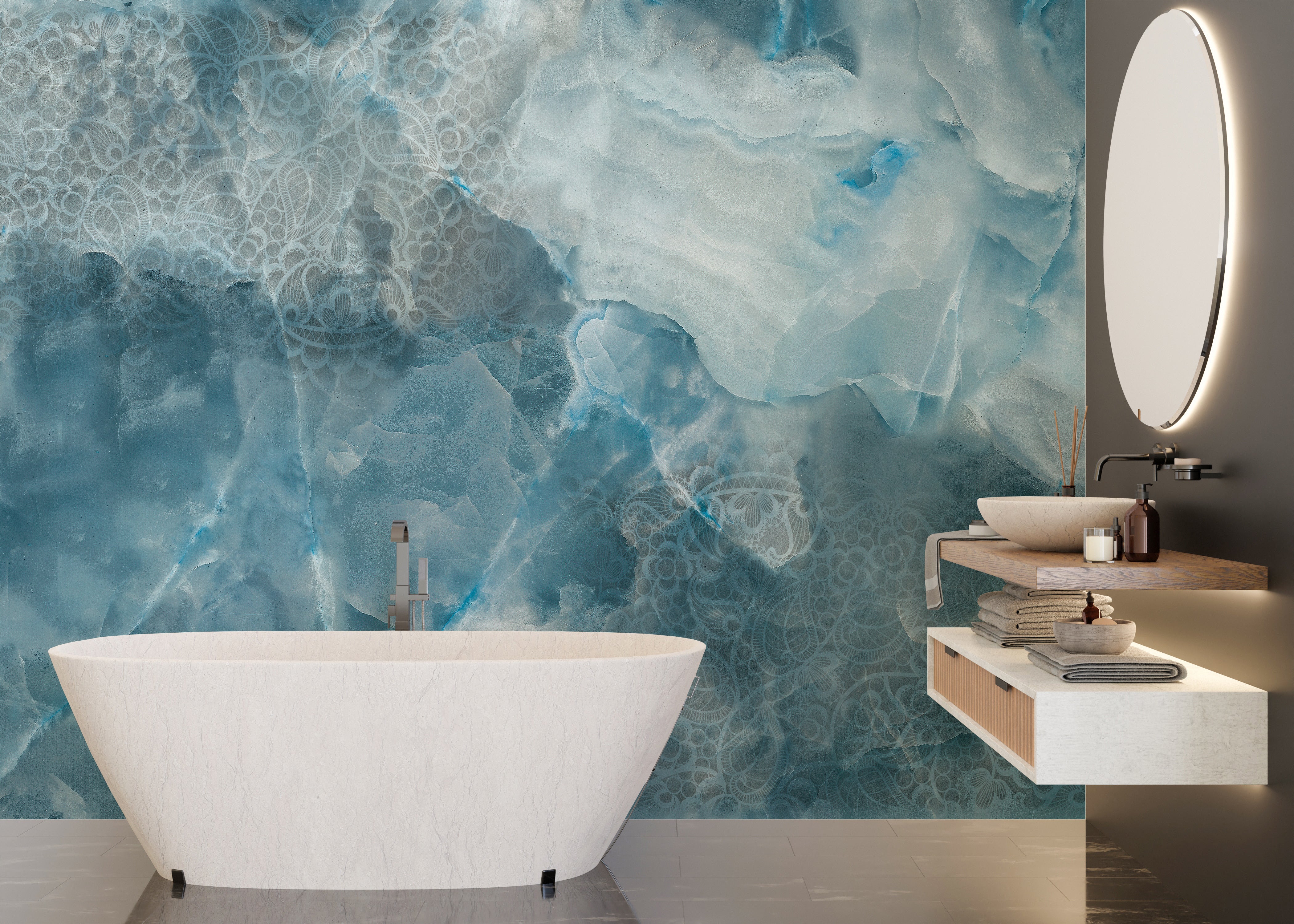 Aqua cracked stone texture mural design