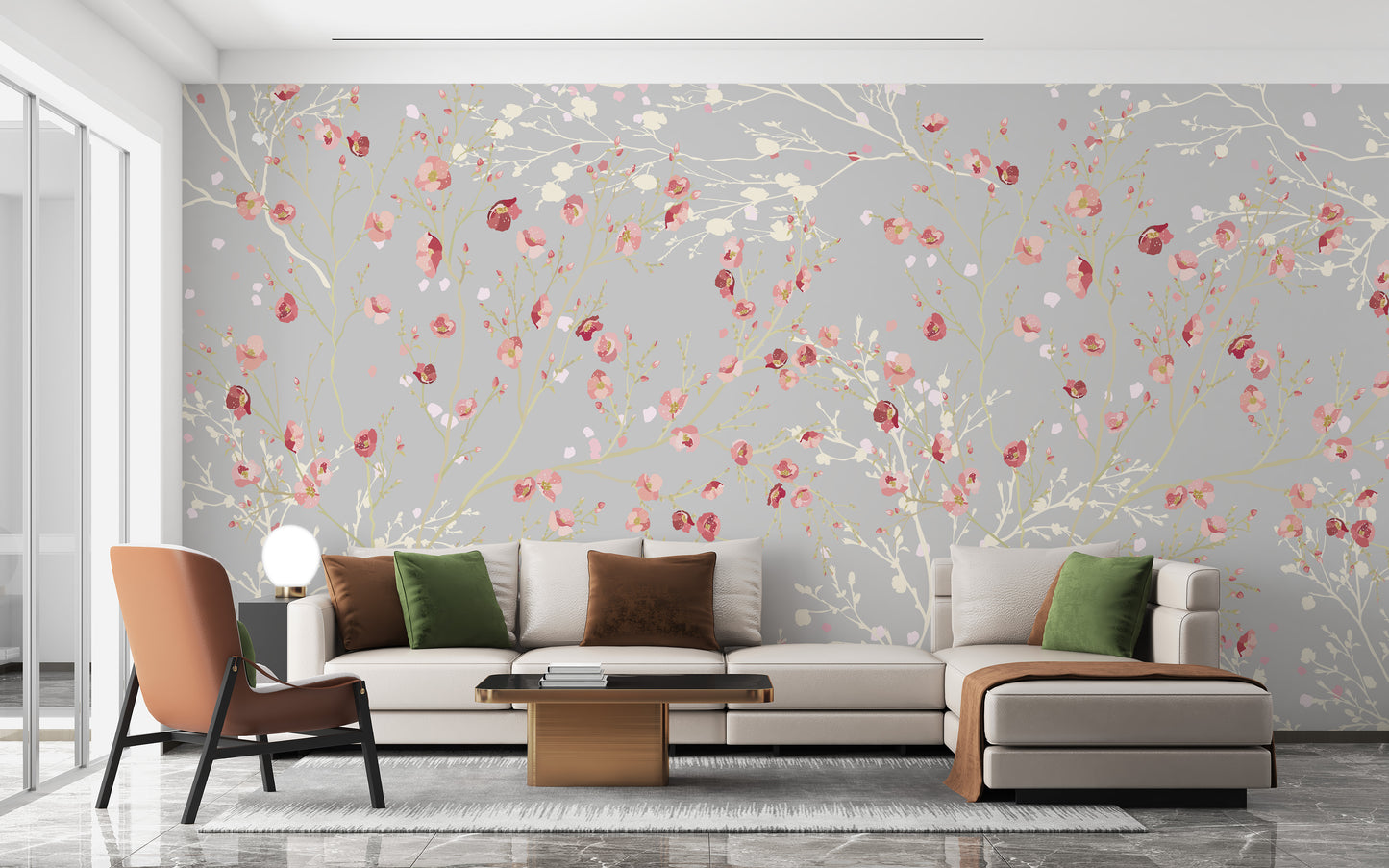 White and red flower mural wallpaper design