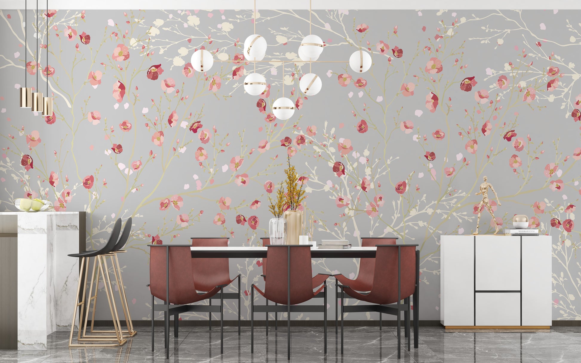 White and red flower watercolor wallpaper mural