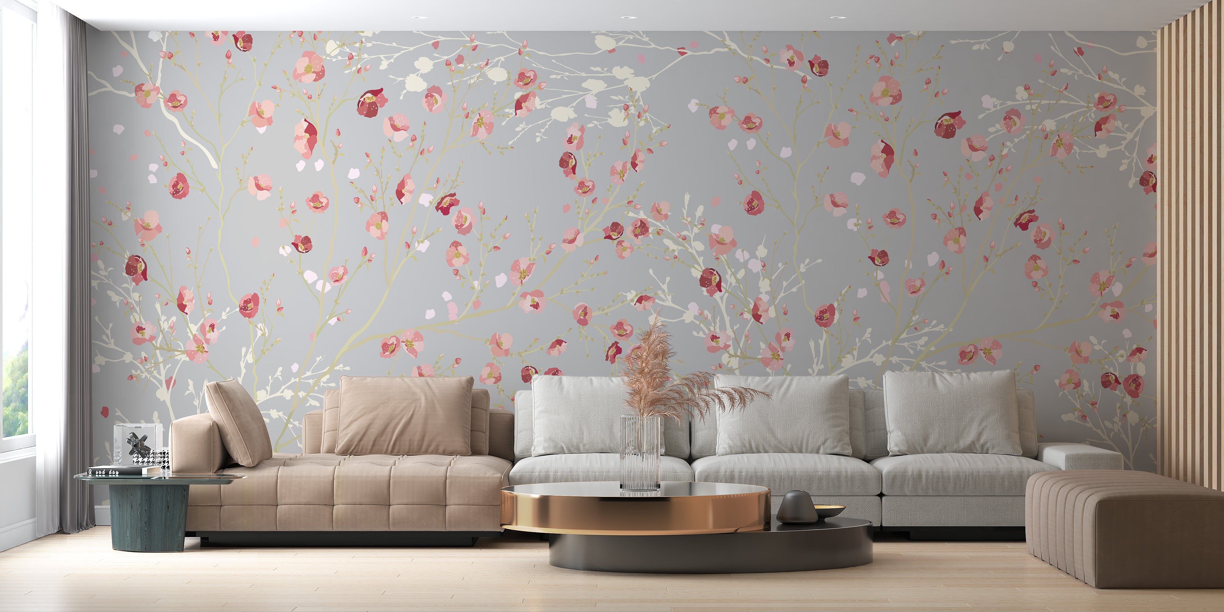 White and red floral wallpaper mural beauty