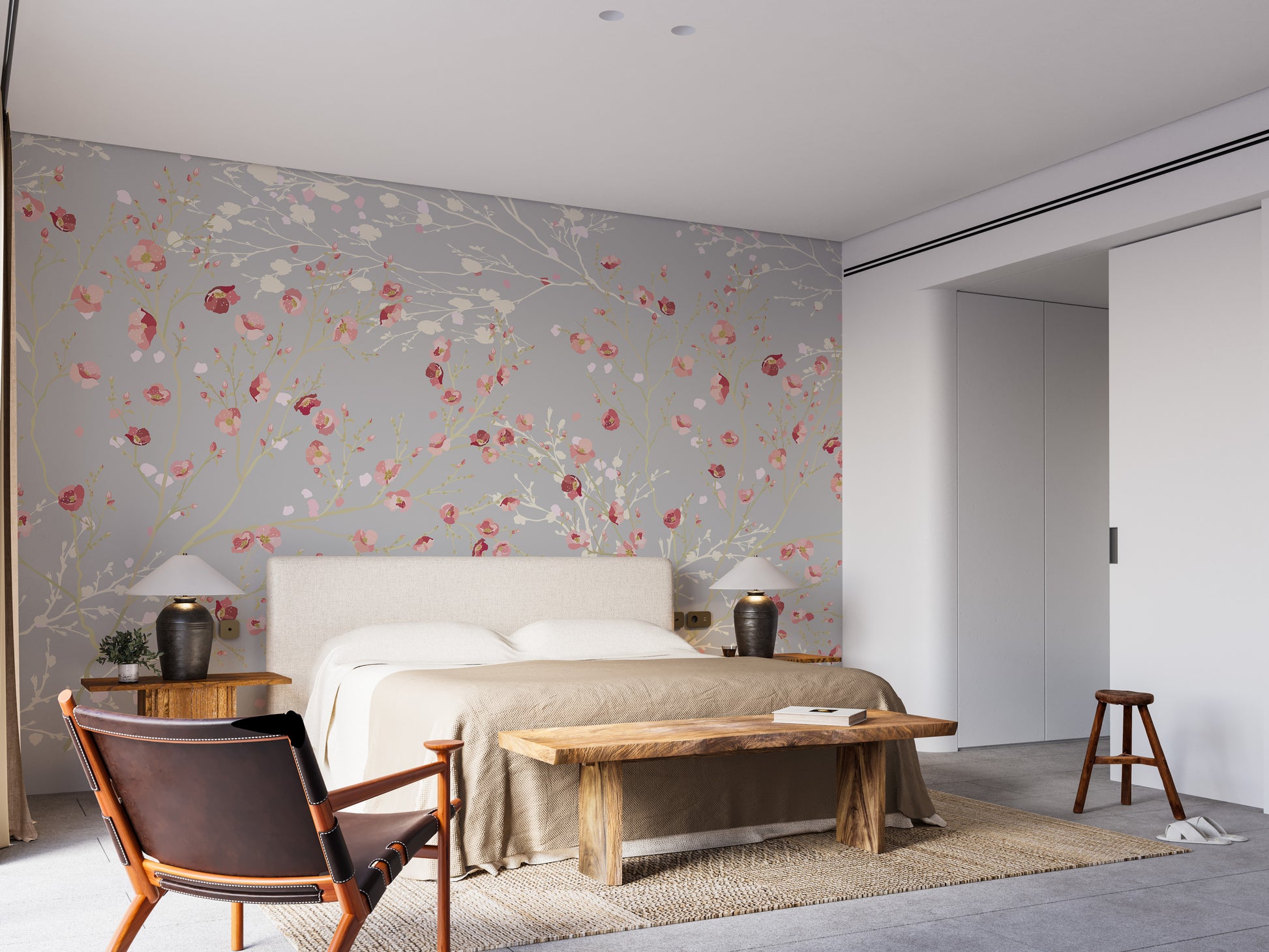 Red and white floral wallpaper mural style