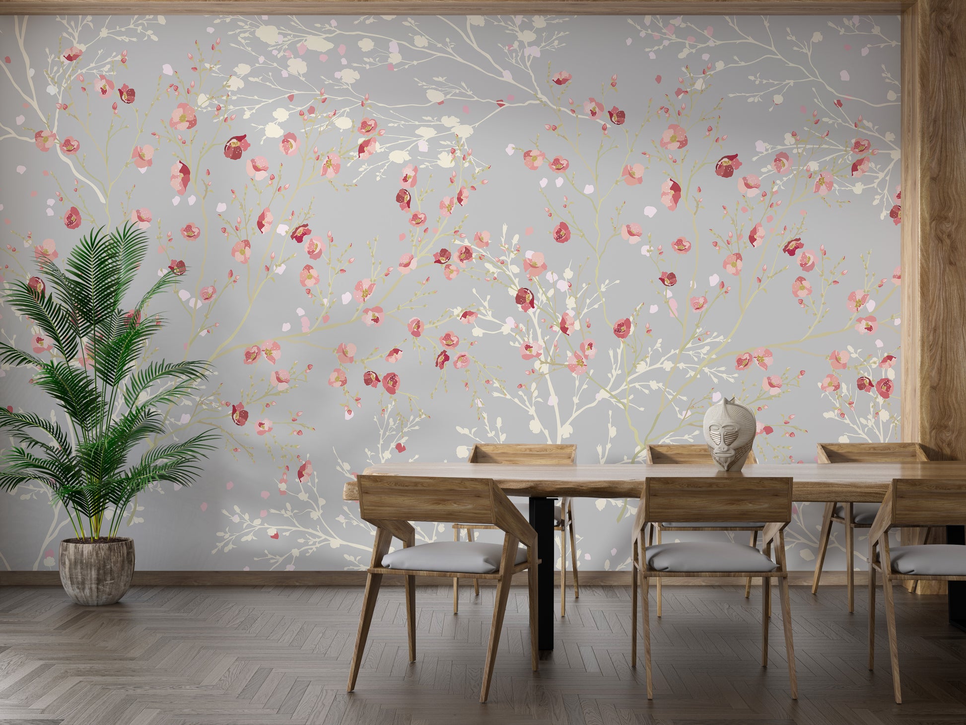 Elegant white and red flower mural wallpaper