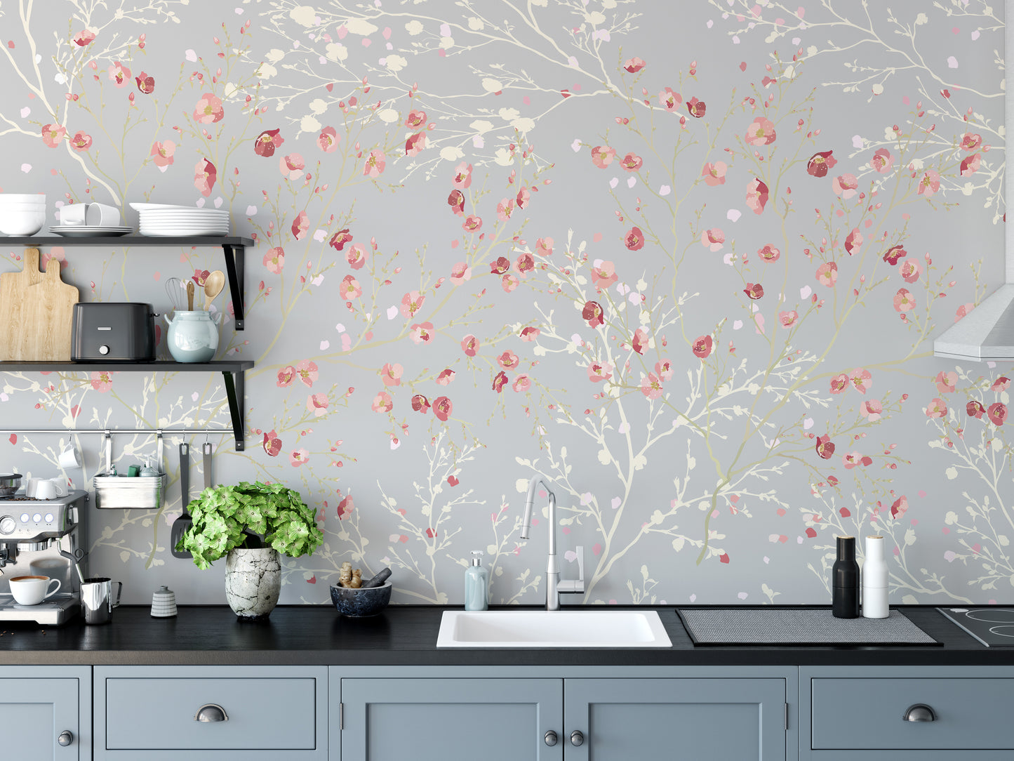 Wallpaper mural with red and white flowers