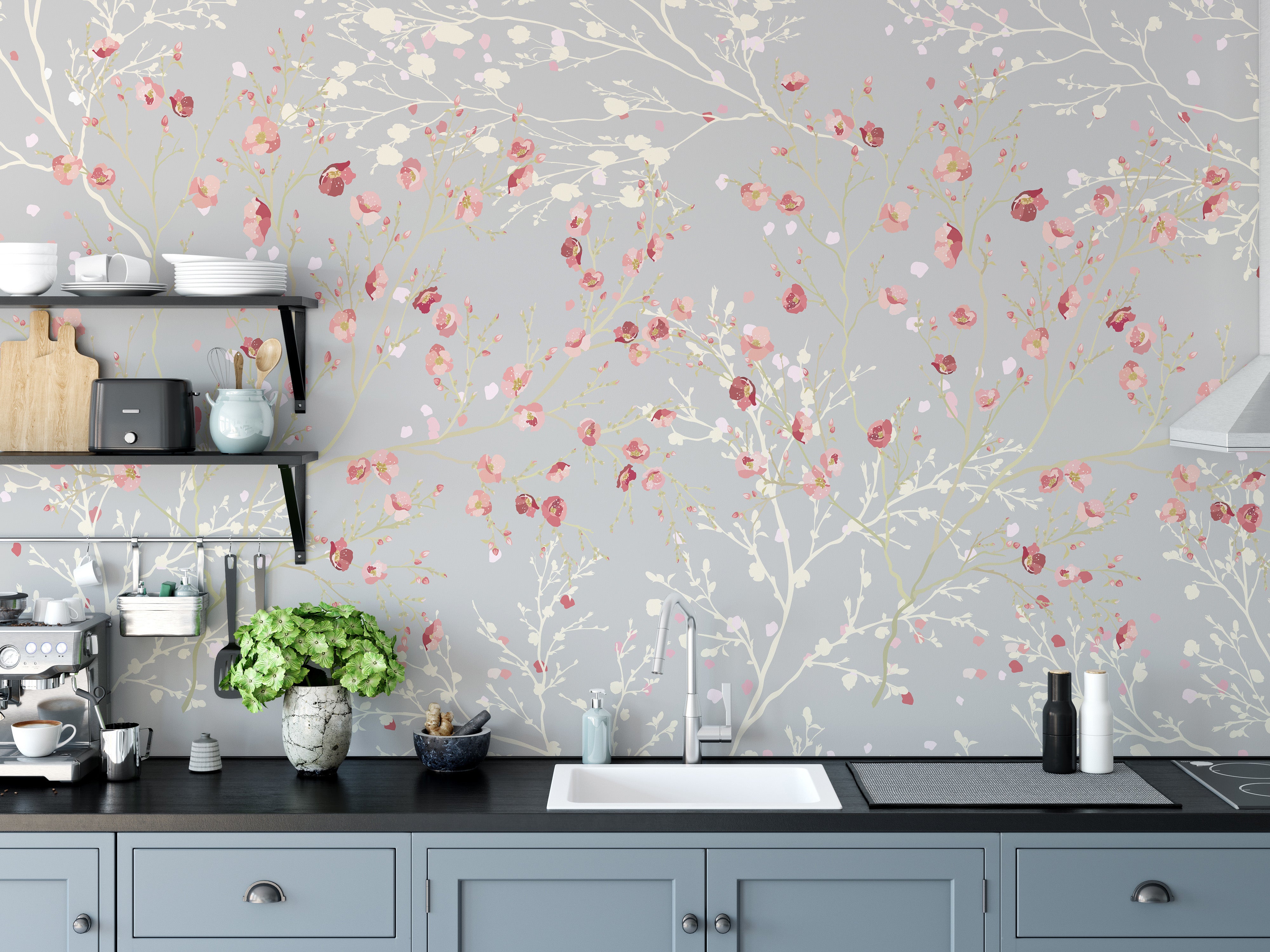 Wallpaper mural with red and white flowers