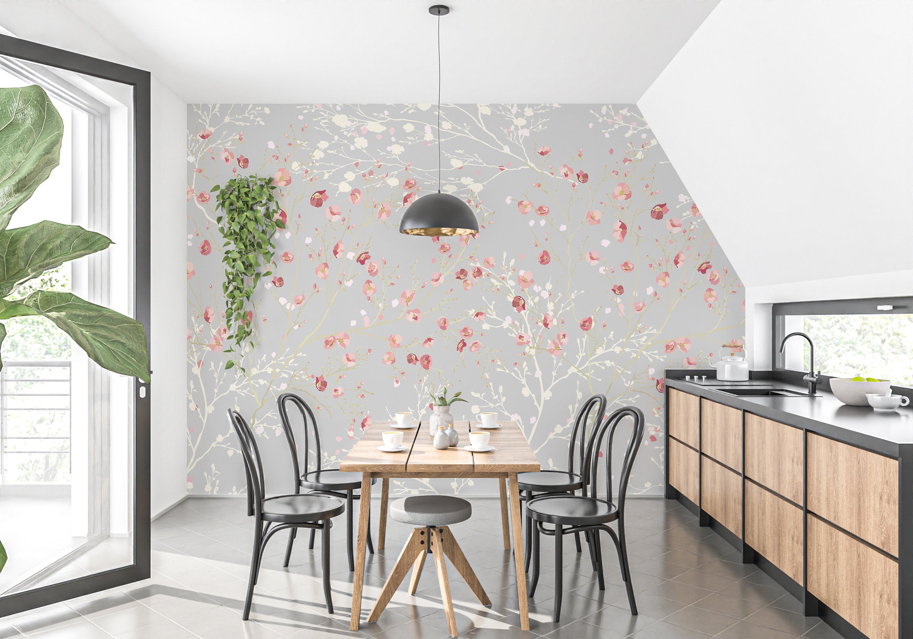 Floral mural wallpaper with white and red blooms