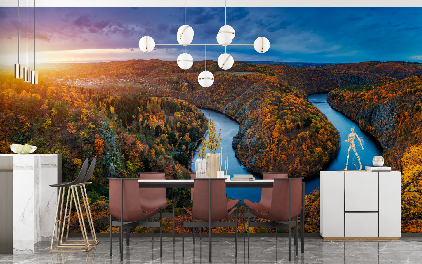 Forest wallpaper mural with Vltava River scene