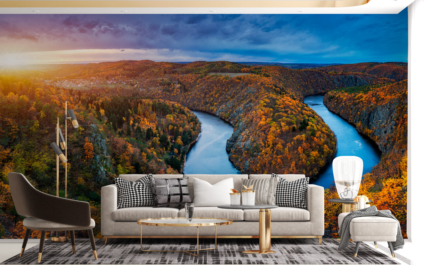 Autumn forest and river mural wallpaper design