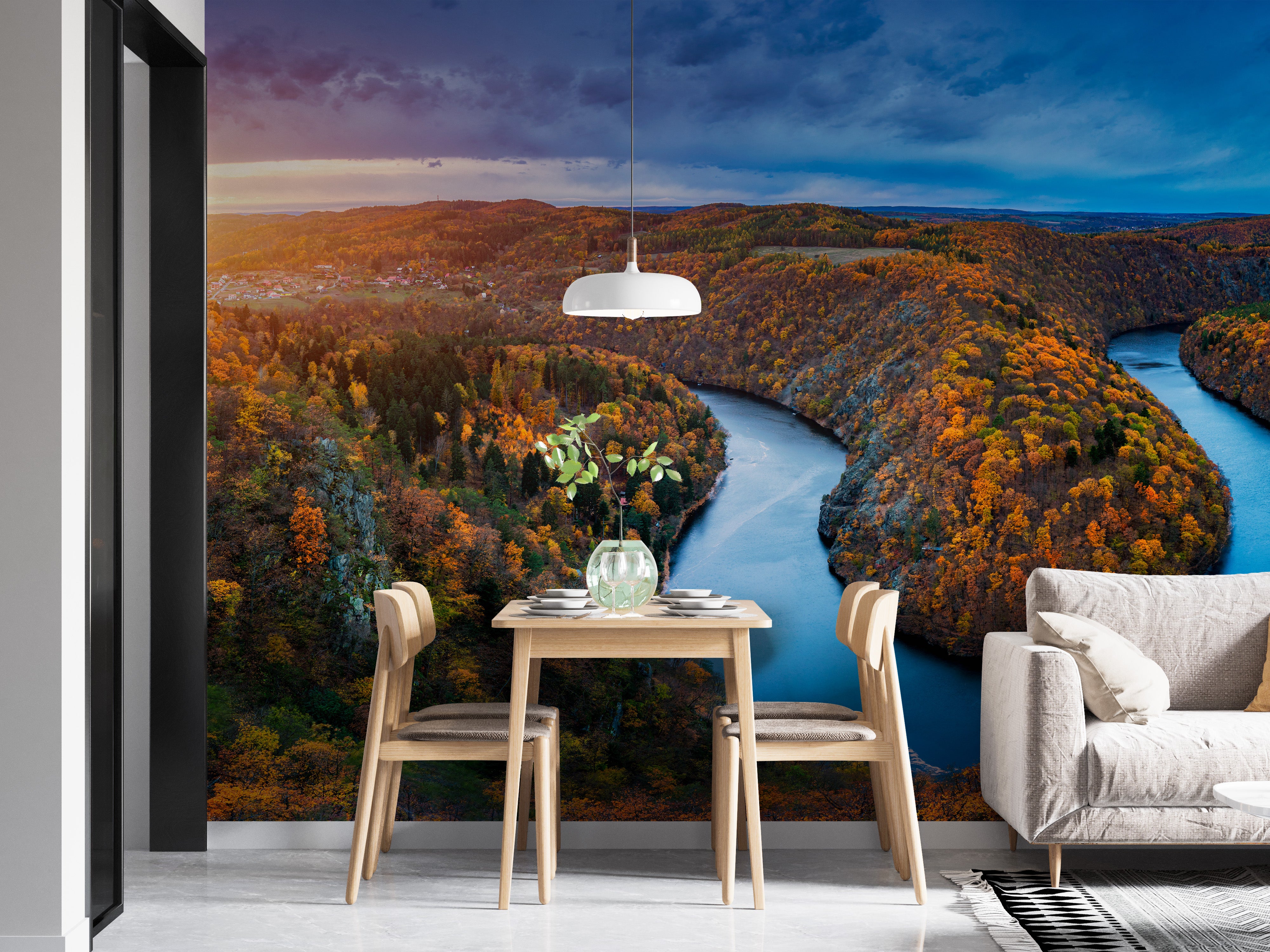 Autumn forest mural with Vltava River view