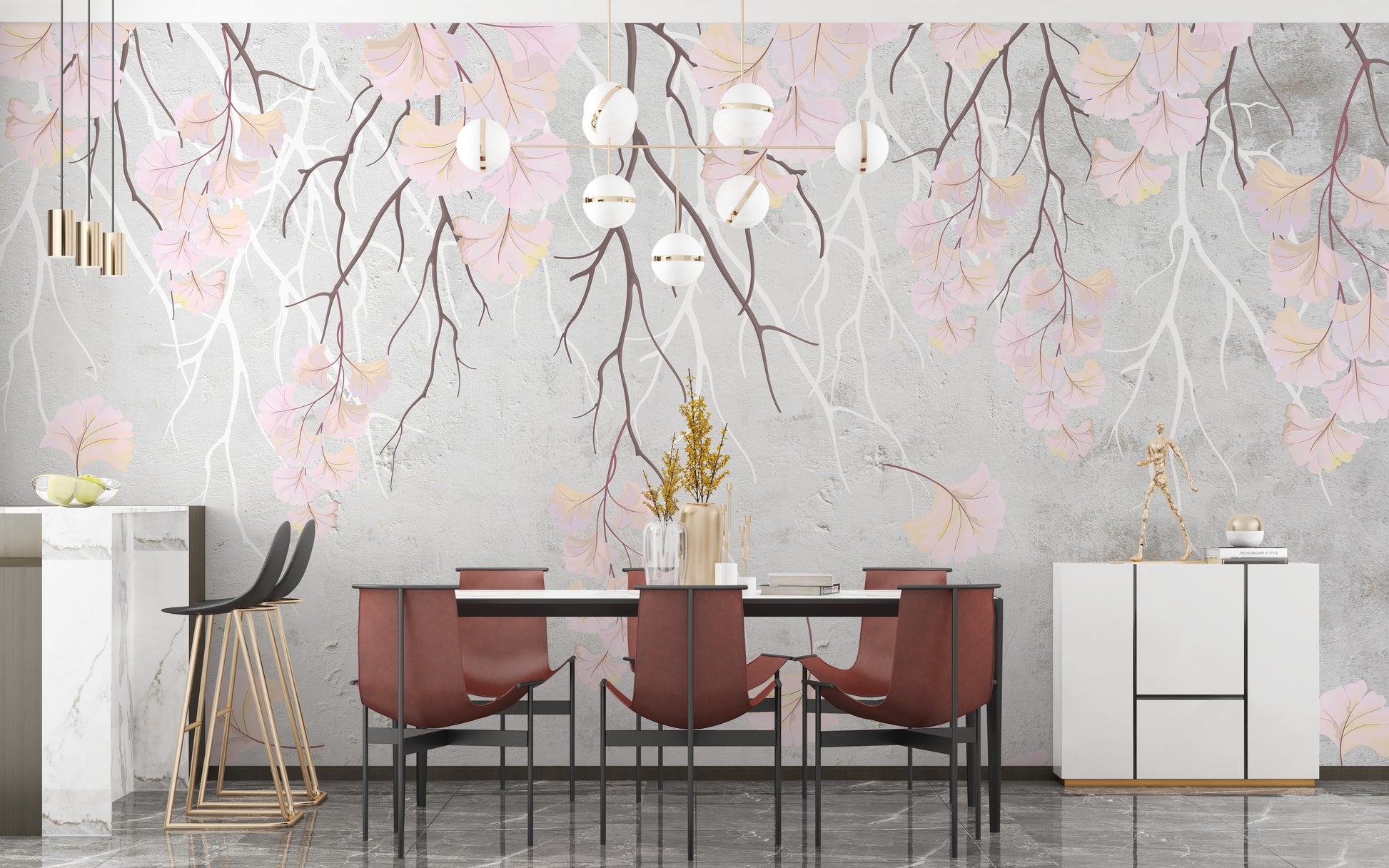 Pink wall mural with hanging flowers design