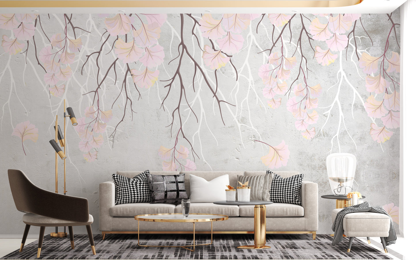 Graceful hanging flowers on pink wallpaper