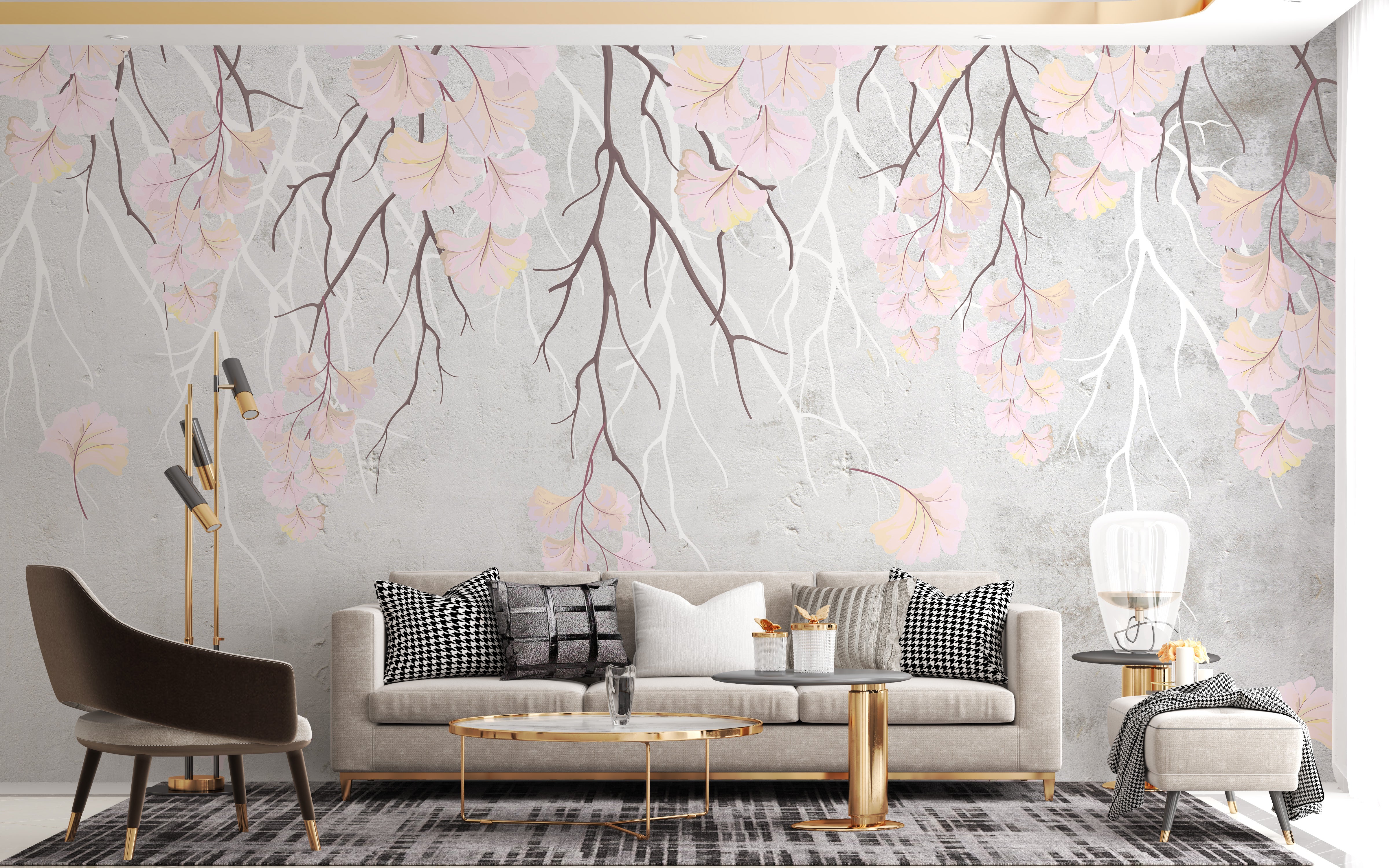 Graceful hanging flowers on pink wallpaper