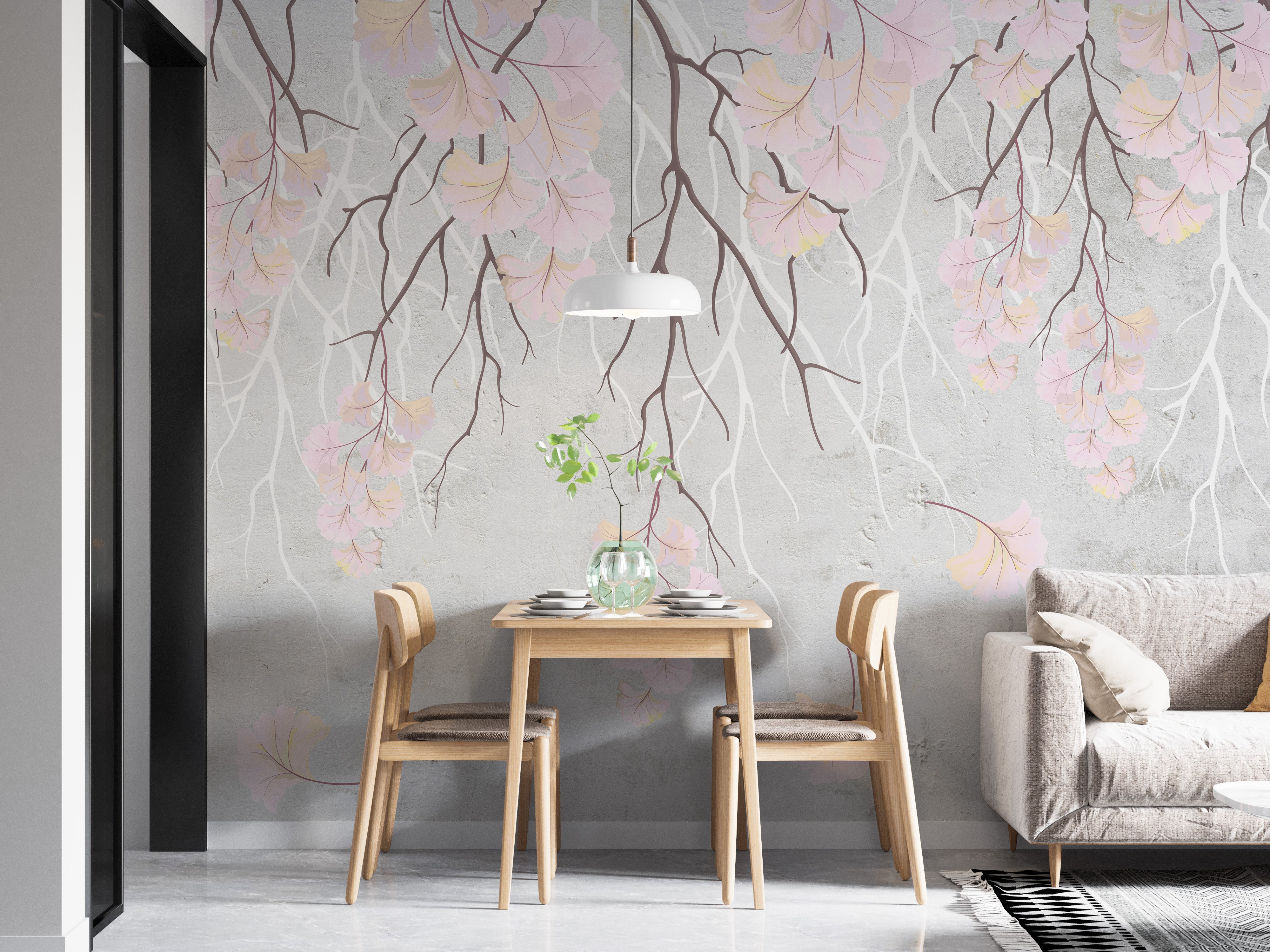 Floral branches on soft pink wallpaper mural